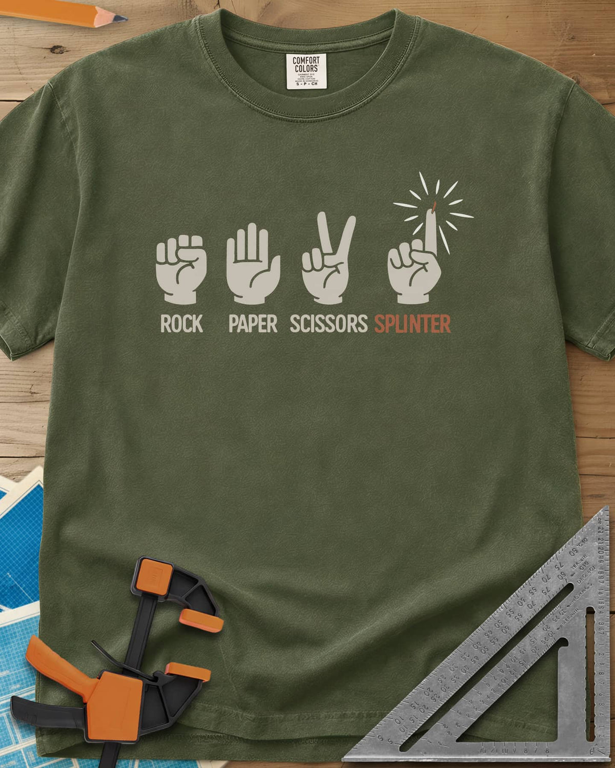 Rock, Paper, Scissors, Splinter heavyweight tee in Hemp, rock, paper and scissors hand signs plus a splinter finger