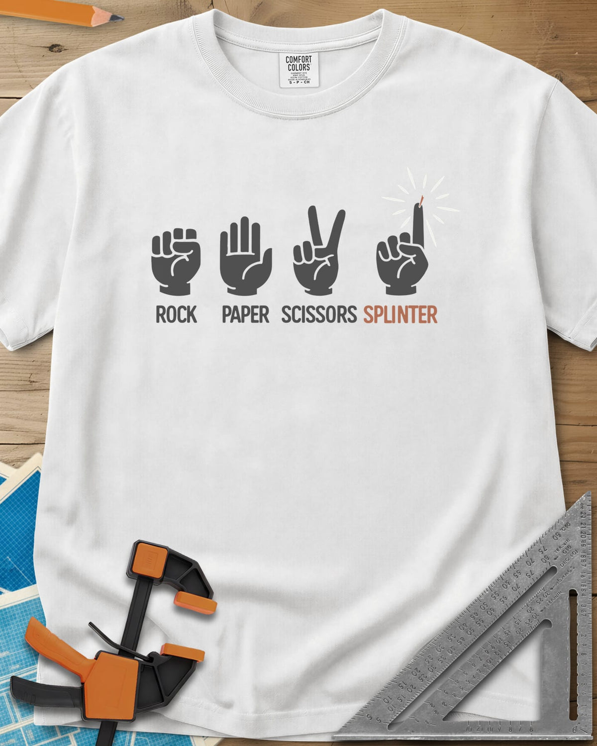 Rock, Paper, Scissors, Splinter heavyweight tee in White, rock, paper and scissors hand signs plus a splinter finger