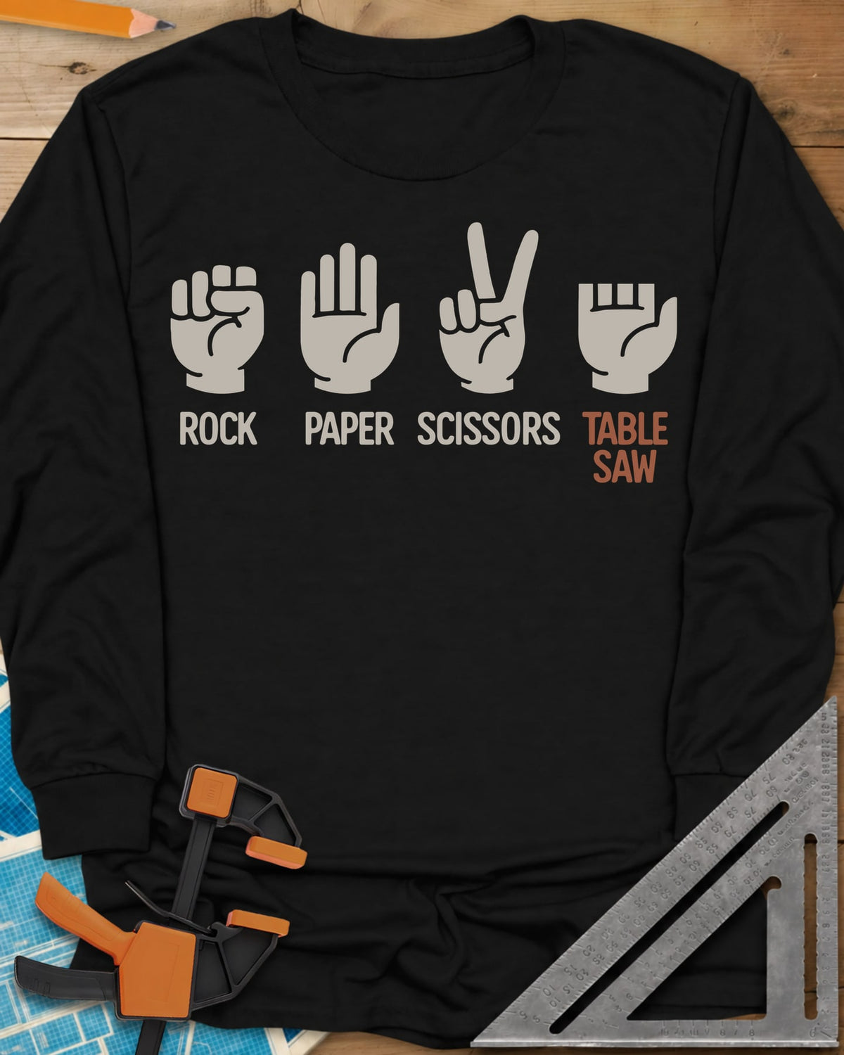 Rock Paper Scissors Table Saw long sleeve shirt in Black, four hand signs, the last a hand with shortened fingers
