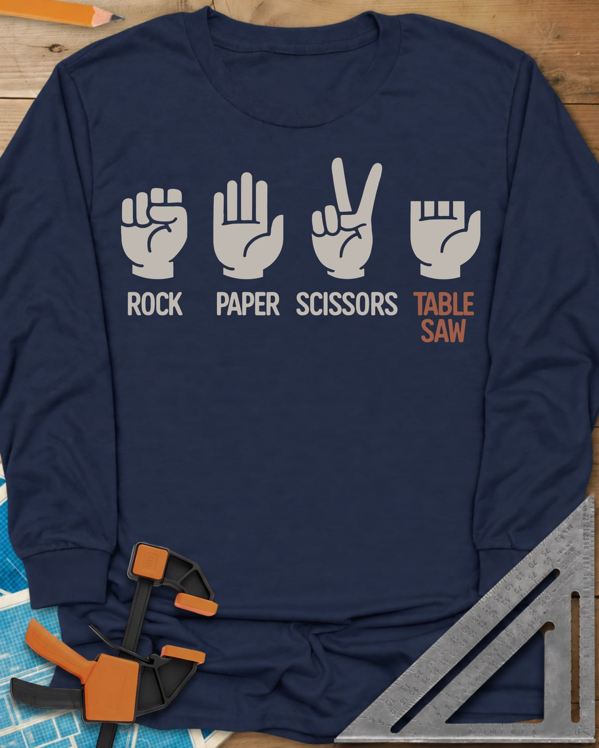 Rock Paper Scissors Table Saw long sleeve shirt in Navy, four hand signs, the last a hand with shortened fingers