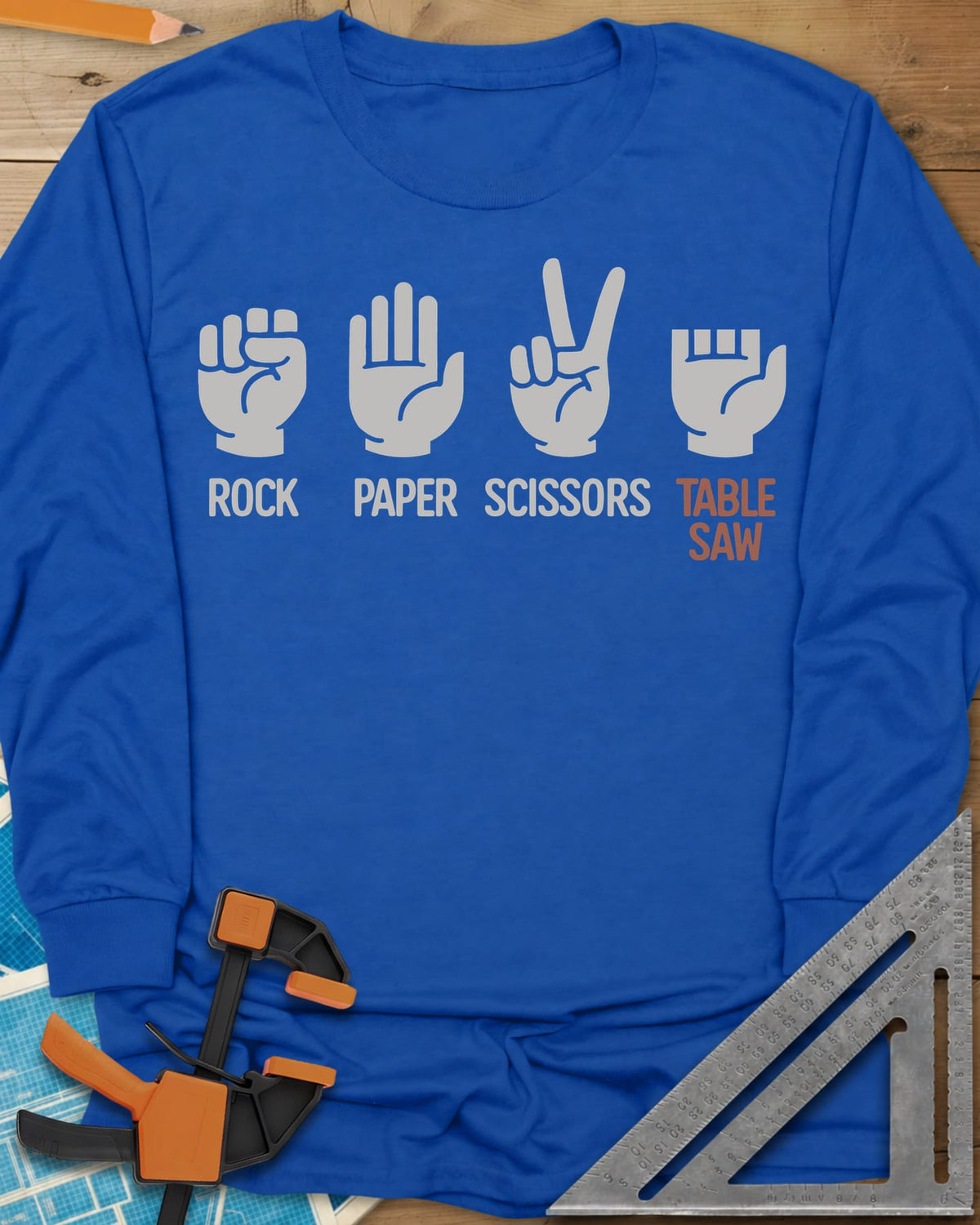 Rock Paper Scissors Table Saw long sleeve shirt in Royal, four hand signs, the last a hand with shortened fingers