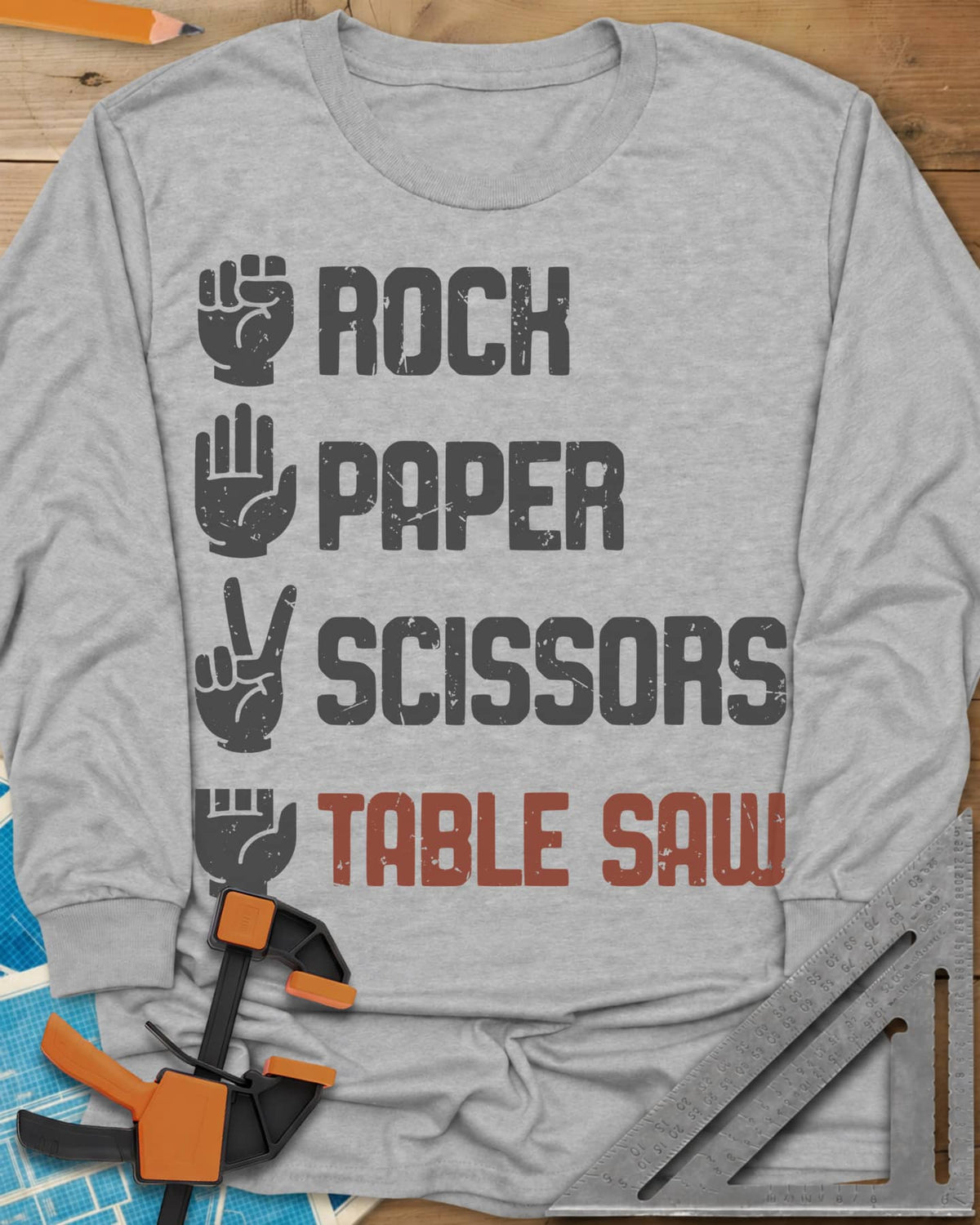 Rock, Paper, Scissors, Table Saw Vintage long sleeve shirt in Sport Grey, four hand signs, the last a hand with fingers cut
