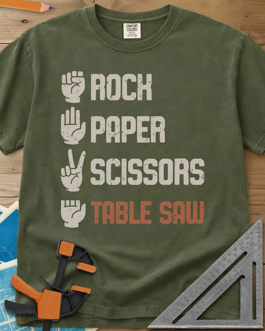 Rock, Paper, Scissors, Table Saw Vintage heavyweight tee in Hemp, four hand signs, the last a hand with fingers cut to stubs