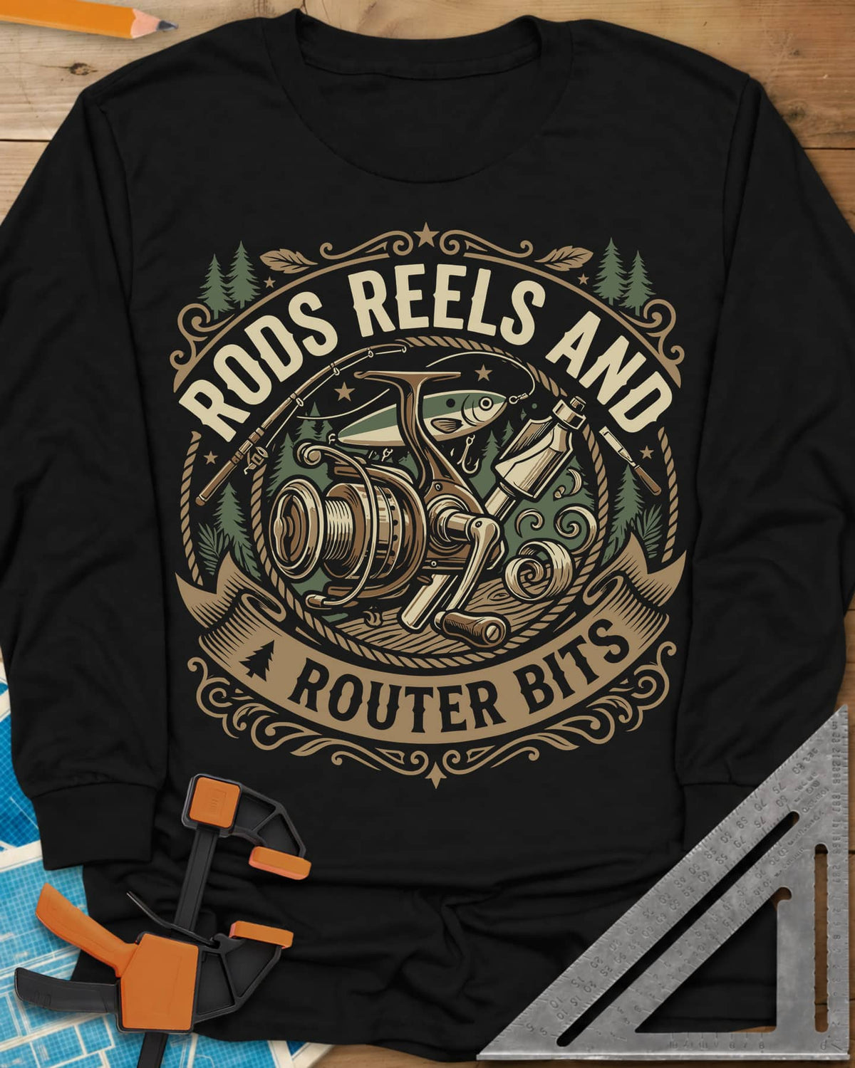 Rods Reels And Router Bits long sleeve shirt in Black, a round badge with a fishing reel, rods, a lure and a router bit