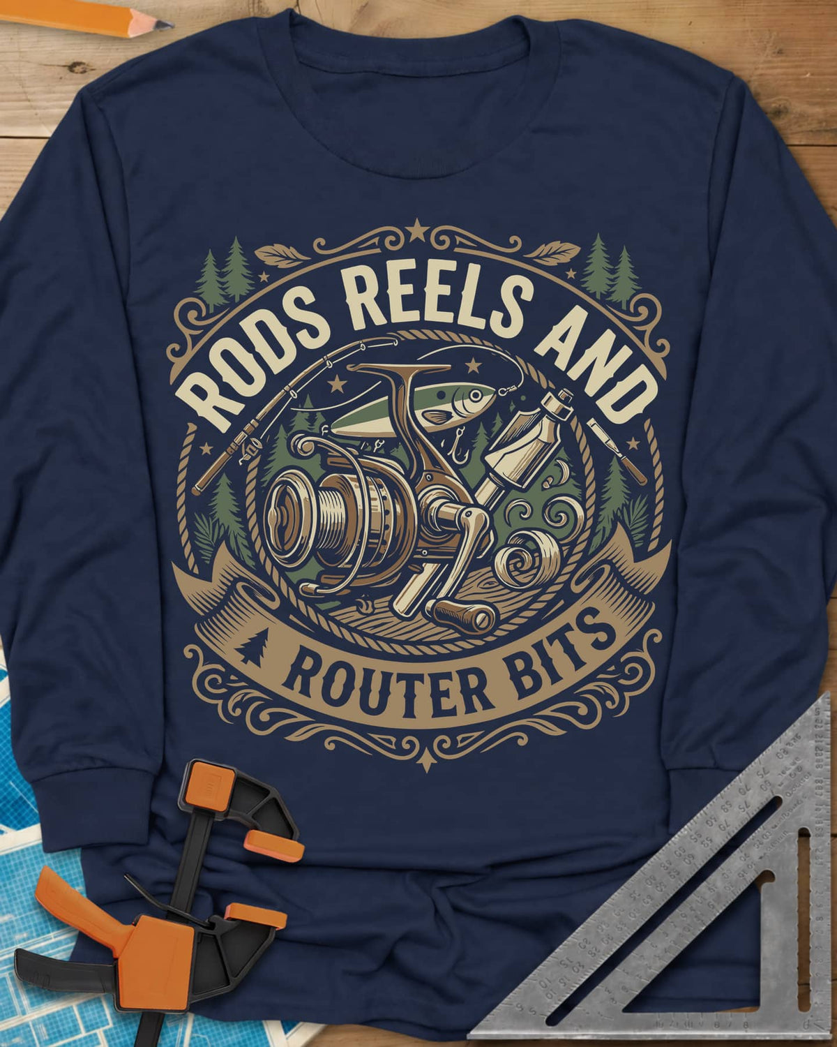 Rods Reels And Router Bits long sleeve shirt in Navy, a round badge with a fishing reel, rods, a lure and a router bit