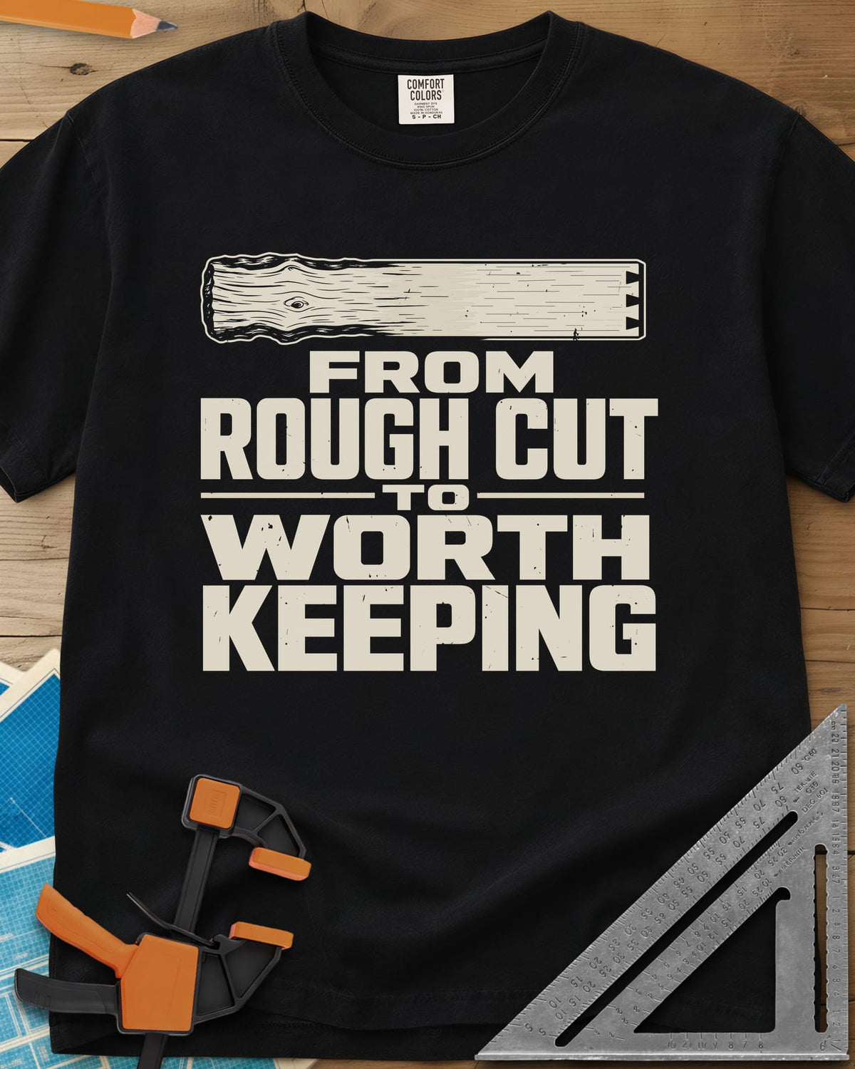Rough To Worthy heavyweight tee in Black, a board going from rough knotty grain to smooth, with a notched end