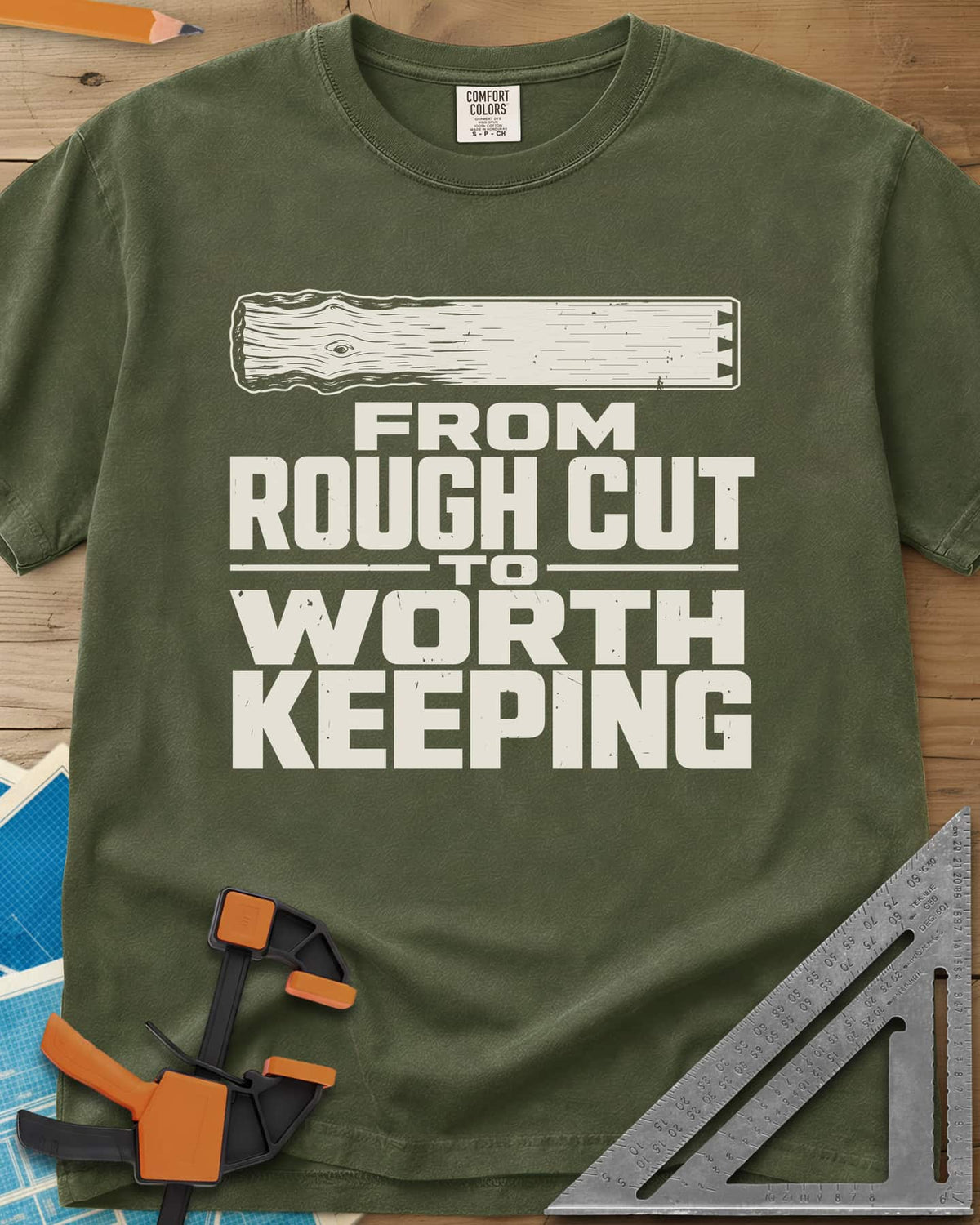 Rough To Worthy heavyweight tee in Hemp, a board going from rough knotty grain to smooth, with a notched end