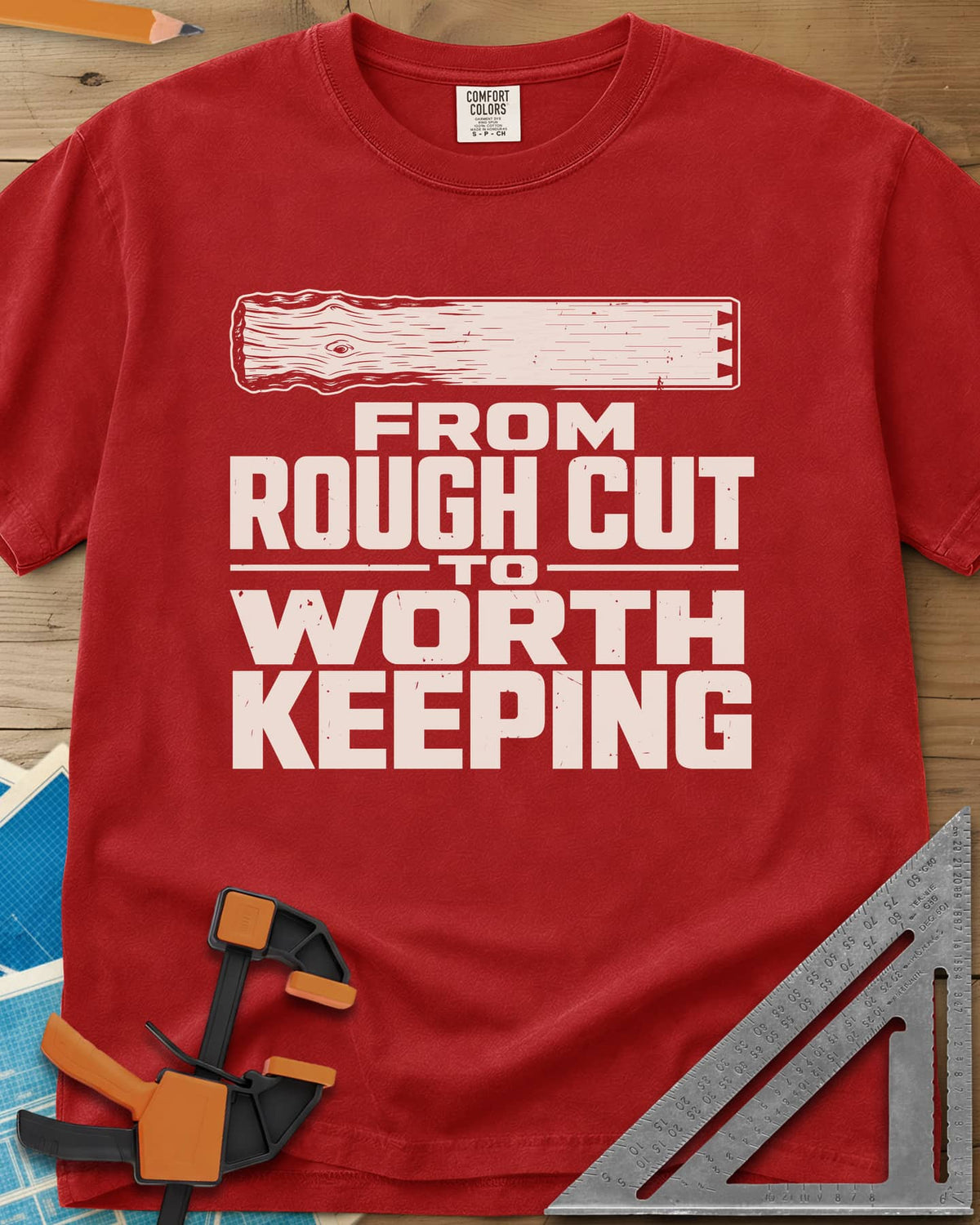 Rough To Worthy heavyweight tee in Red, a board going from rough knotty grain to smooth, with a notched end