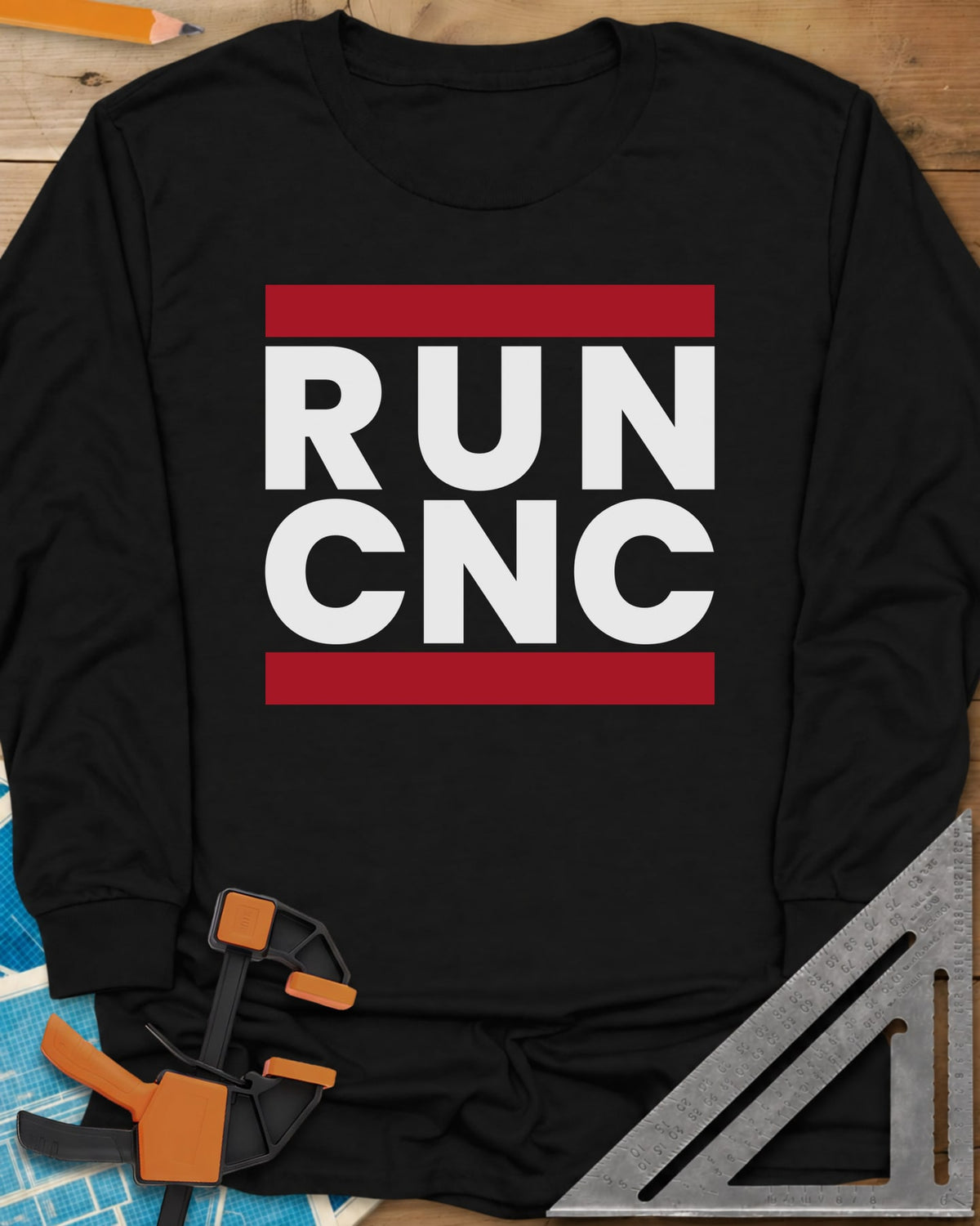 Run CNC long sleeve shirt in Black, bold block lettering between two red bars