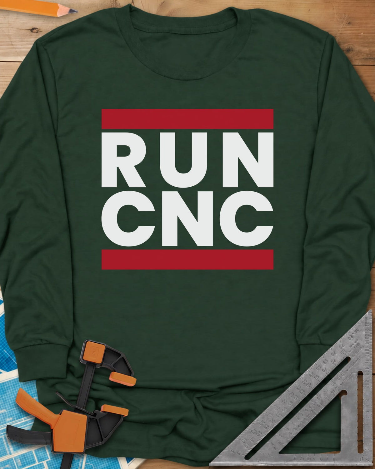 Run CNC long sleeve shirt in Forest Green, bold block lettering between two red bars