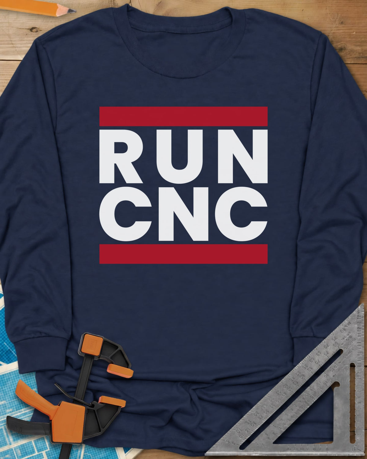 Run CNC long sleeve shirt in Navy, bold block lettering between two red bars