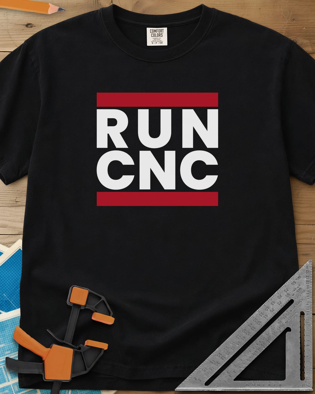 Run CNC heavyweight tee in Black, bold block lettering between two red bars