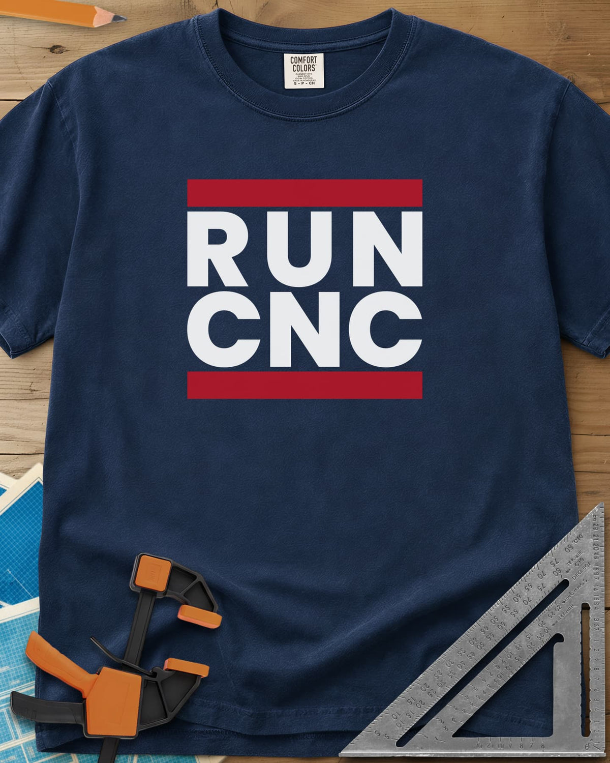 Run CNC heavyweight tee in Navy, bold block lettering between two red bars