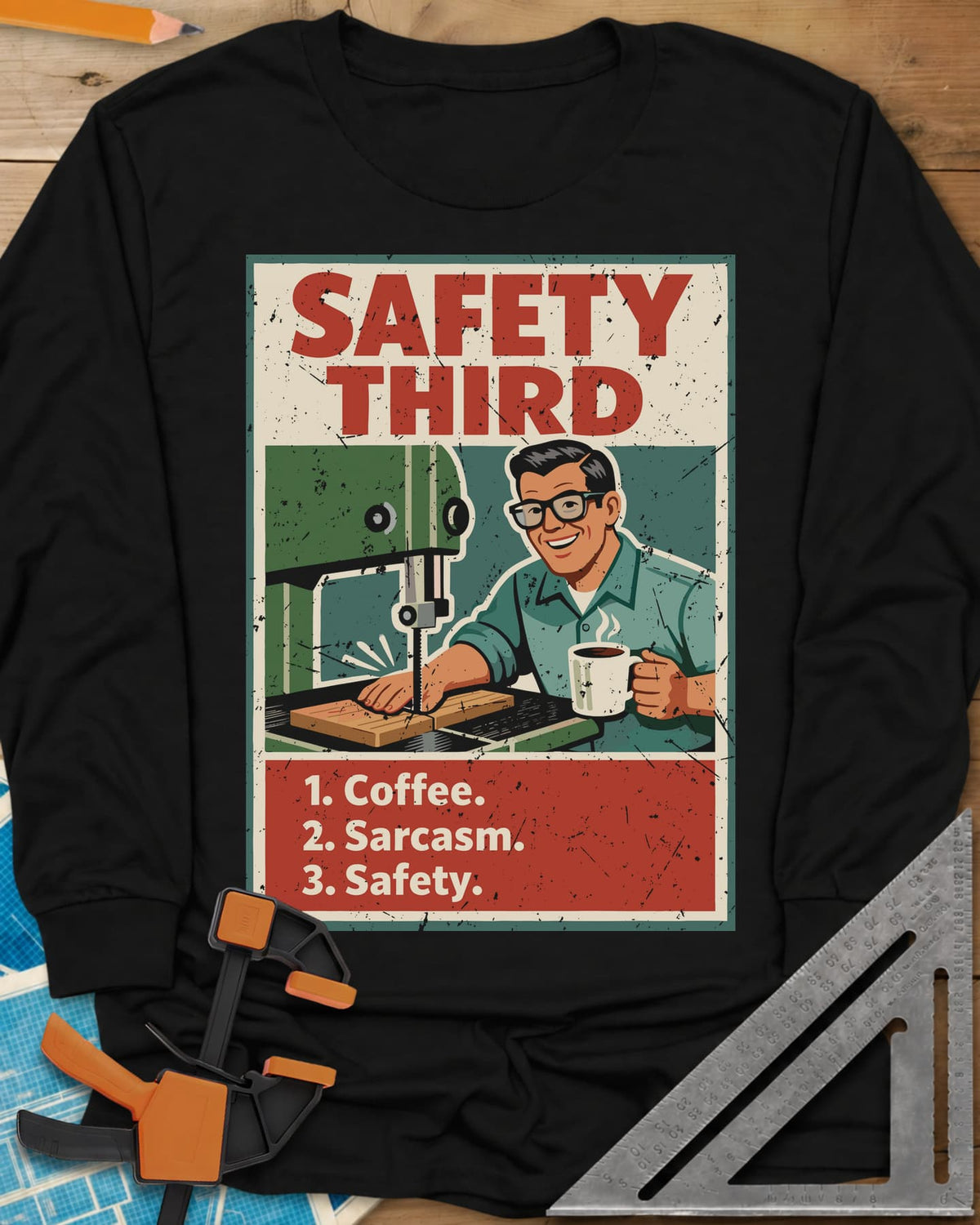 Safety Third long sleeve shirt in Black, retro poster of a smiling man at a band saw holding a coffee mug