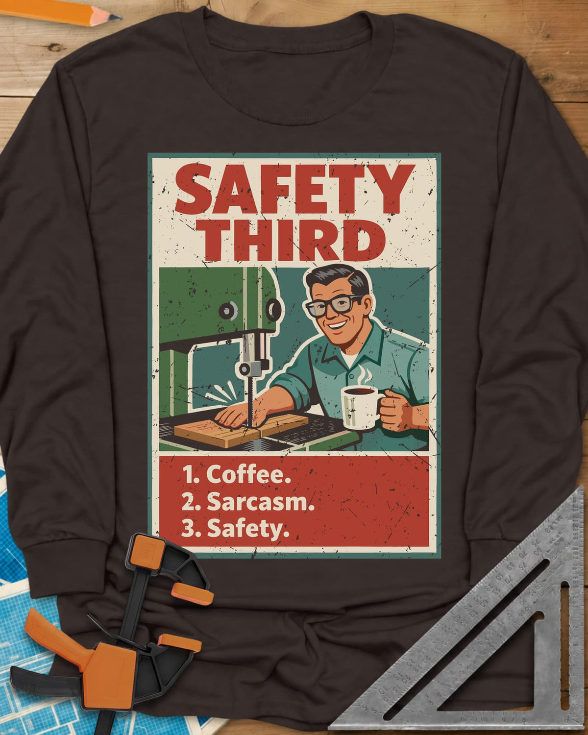Safety Third long sleeve shirt in Dark Chocolate, retro poster of a smiling man at a band saw holding a coffee mug