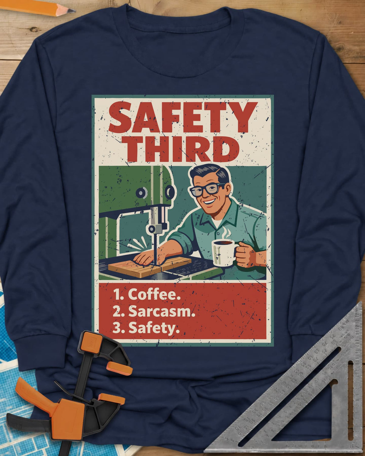 Safety Third long sleeve shirt in Navy, retro poster of a smiling man at a band saw holding a coffee mug