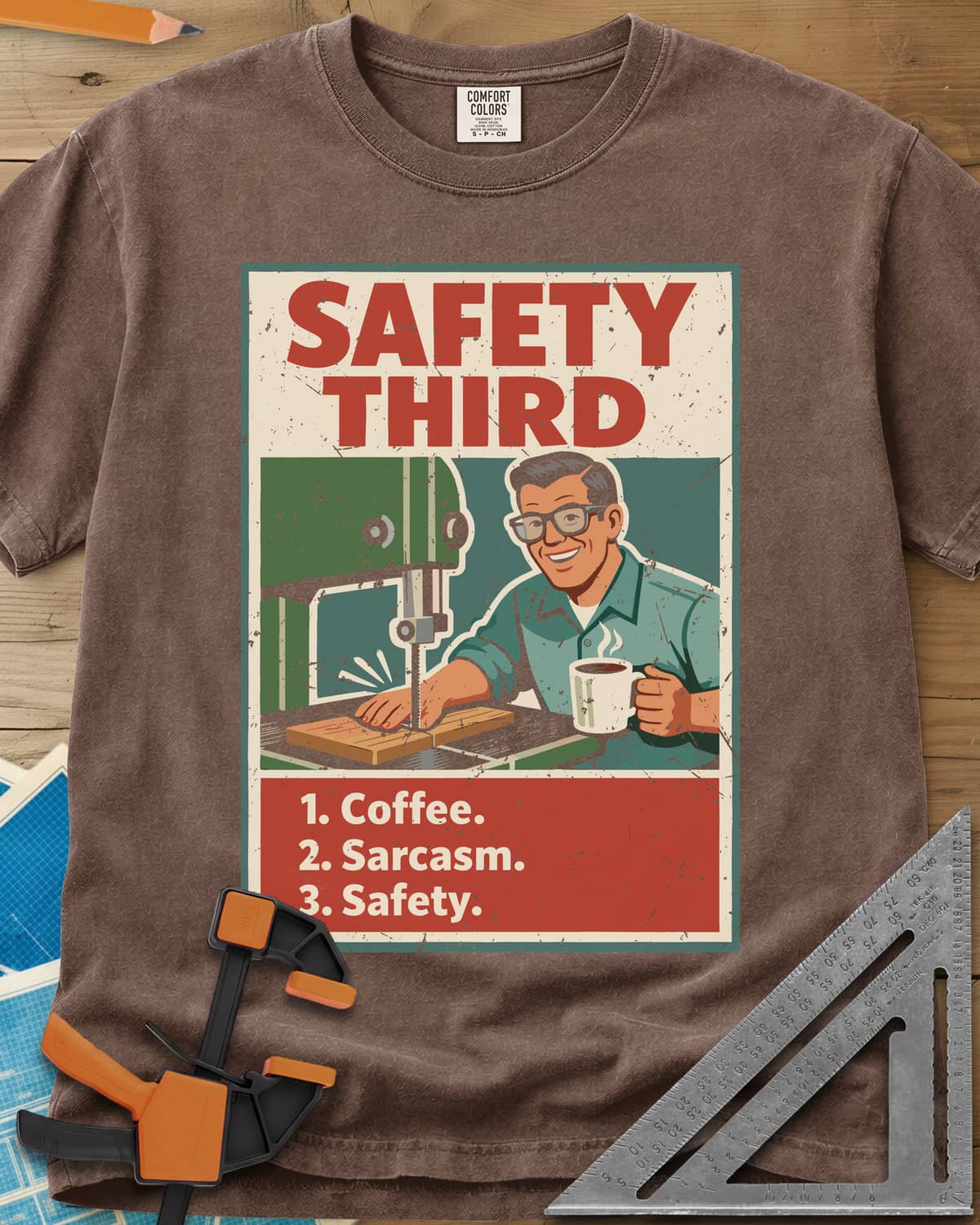 Safety Third heavyweight tee in Espresso, retro poster of a smiling man at a band saw holding a coffee mug