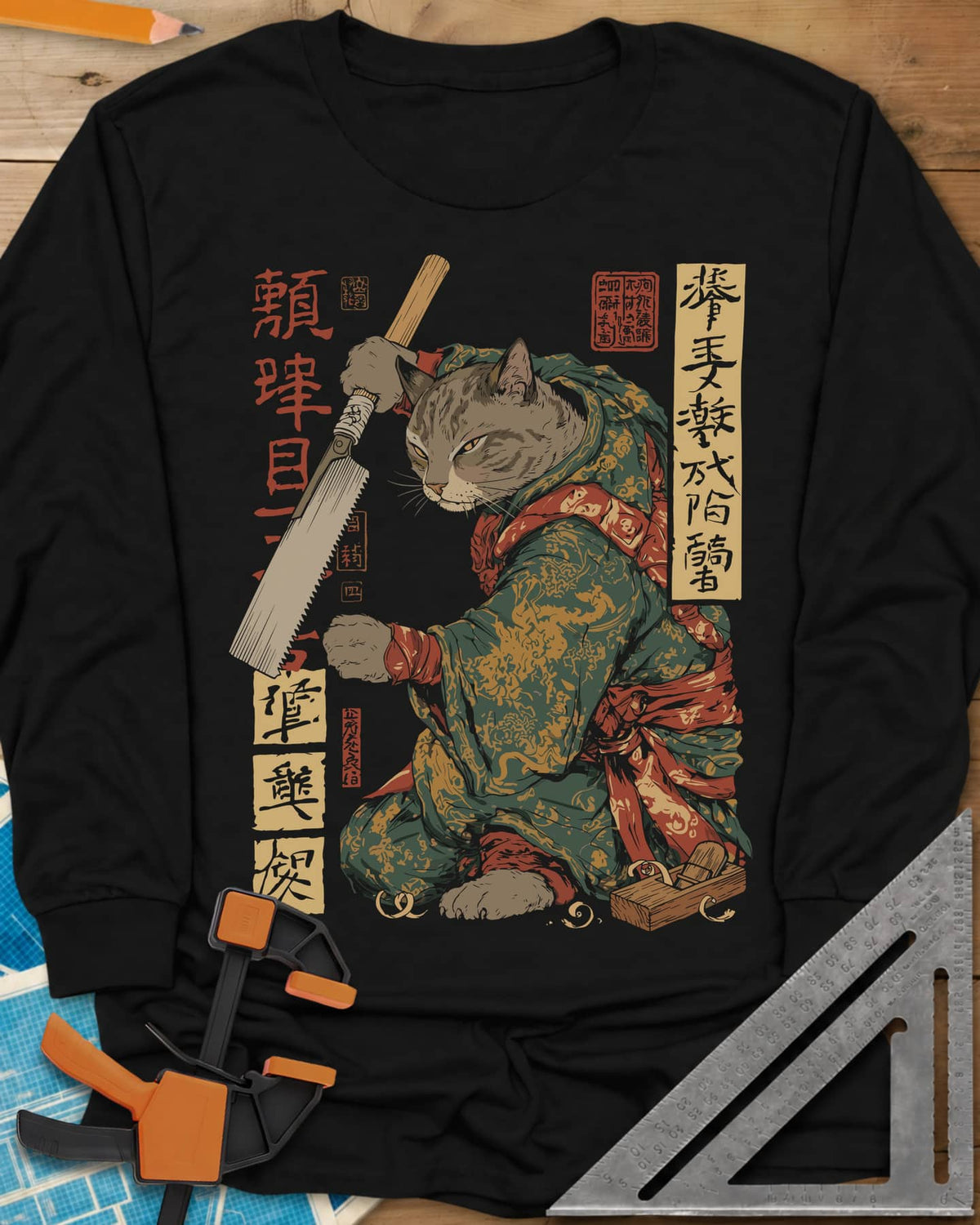 Samurai Cat Woodworker Japanese Hand Saw long sleeve shirt in Black, a tabby samurai cat in a kimono holding a Japanese pull