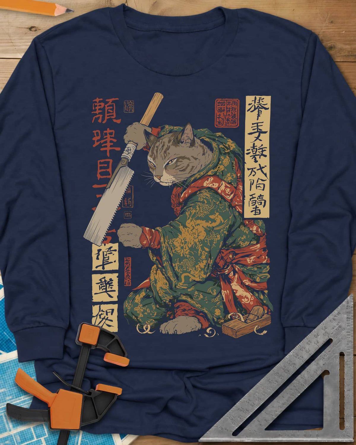 Samurai Cat Woodworker Japanese Hand Saw long sleeve shirt in Navy, a tabby samurai cat in a kimono holding a Japanese pull