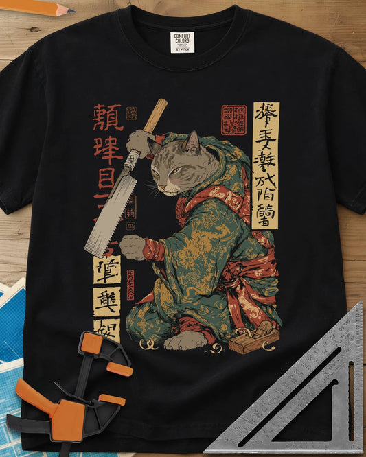 Samurai Cat Woodworker Japanese Hand Saw heavyweight tee in Black, a tabby samurai cat in a kimono holding a Japanese pull