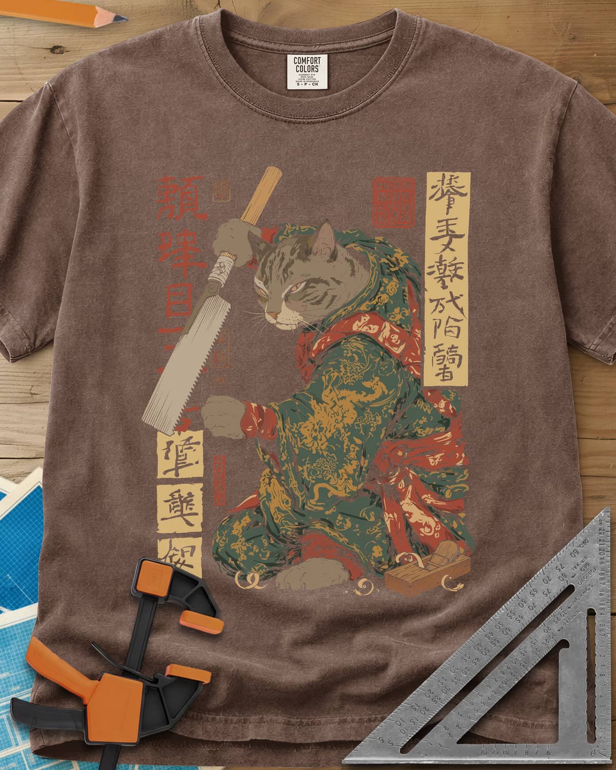 Samurai Cat Woodworker Japanese Hand Saw heavyweight tee in Espresso, a tabby samurai cat in a kimono holding a Japanese
