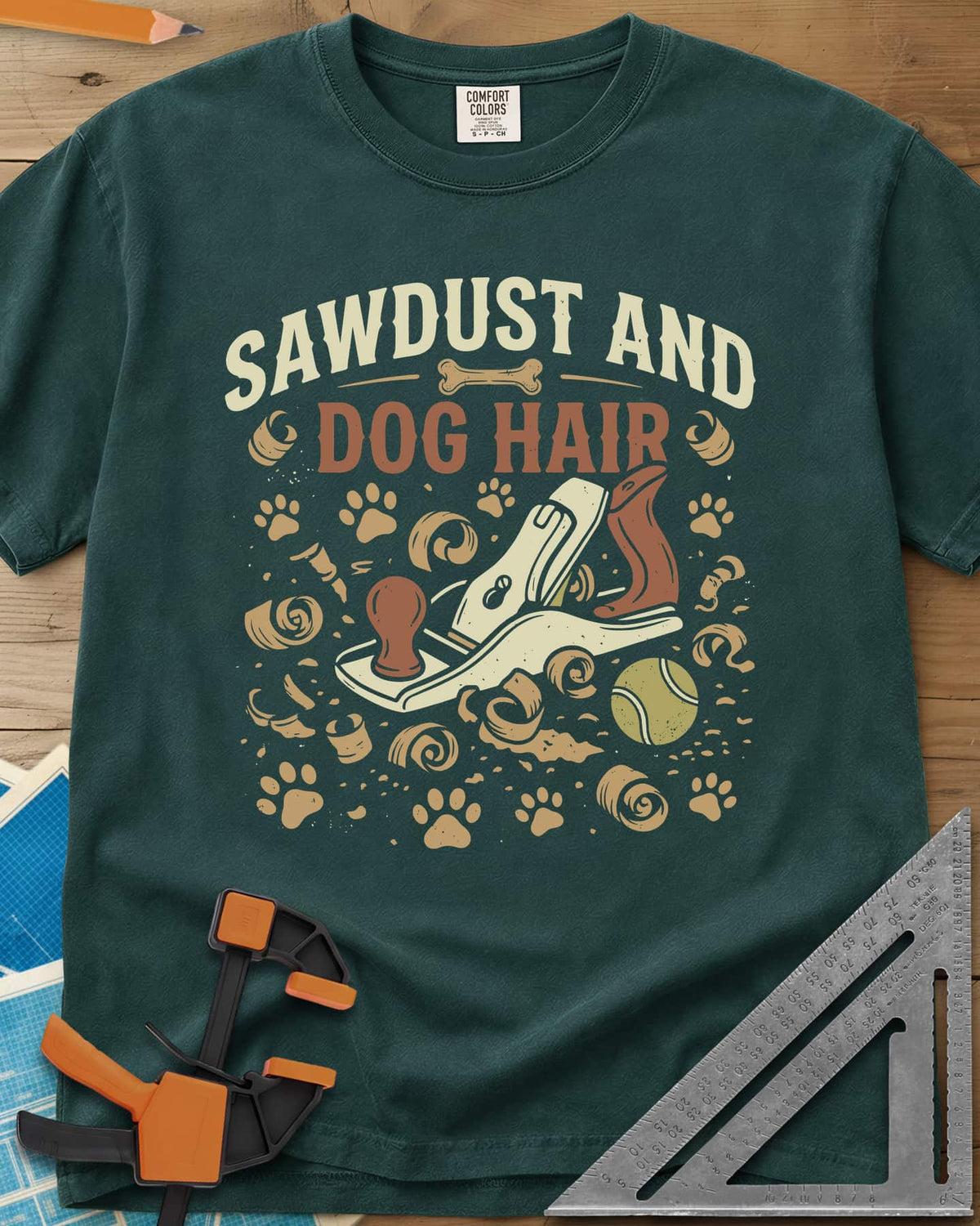 Sawdust And Dog Hair heavyweight tee in Blue Spruce, hand plane, wood curls, paw prints and a tennis ball
