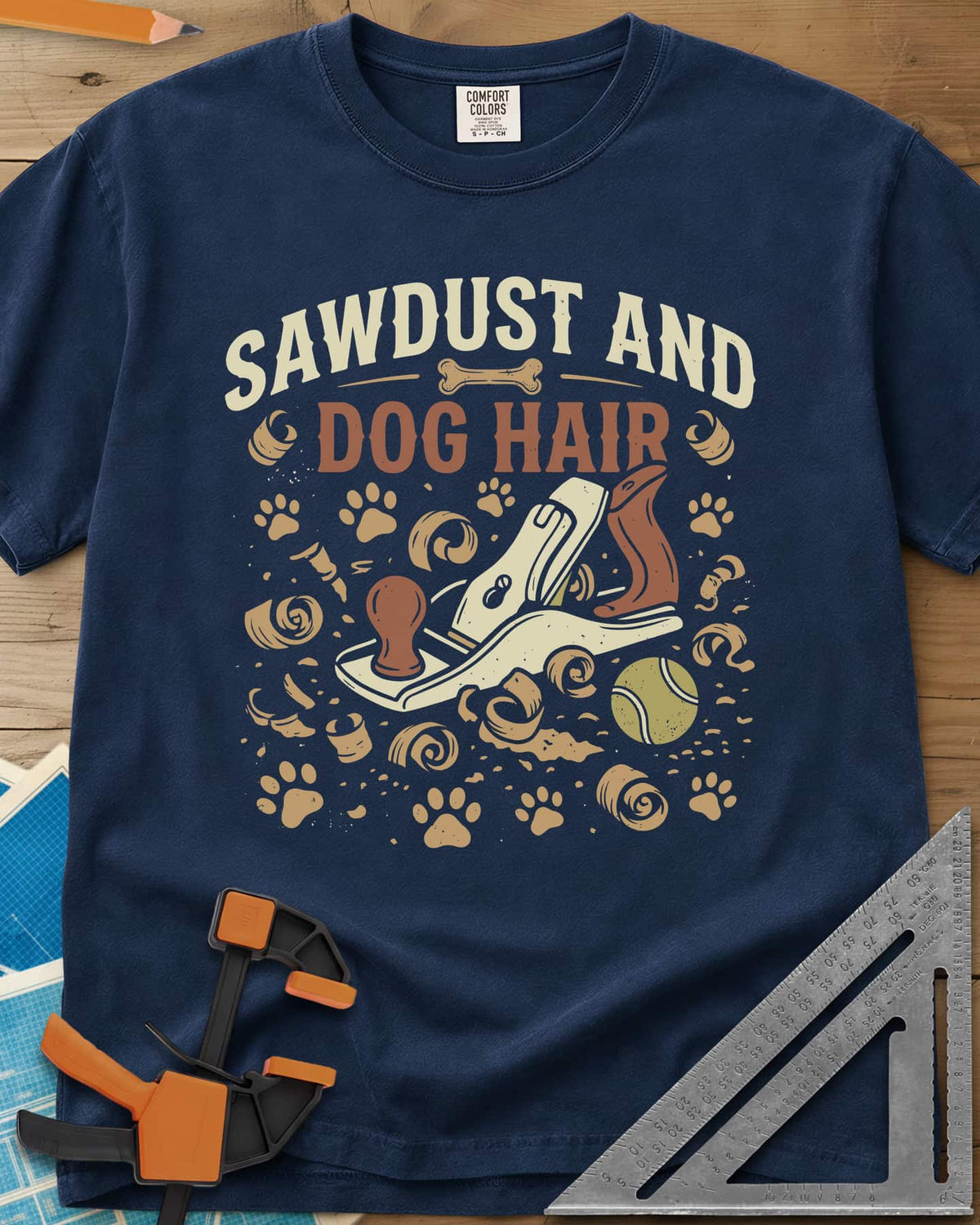 Sawdust And Dog Hair heavyweight tee in Navy, hand plane, wood curls, paw prints and a tennis ball