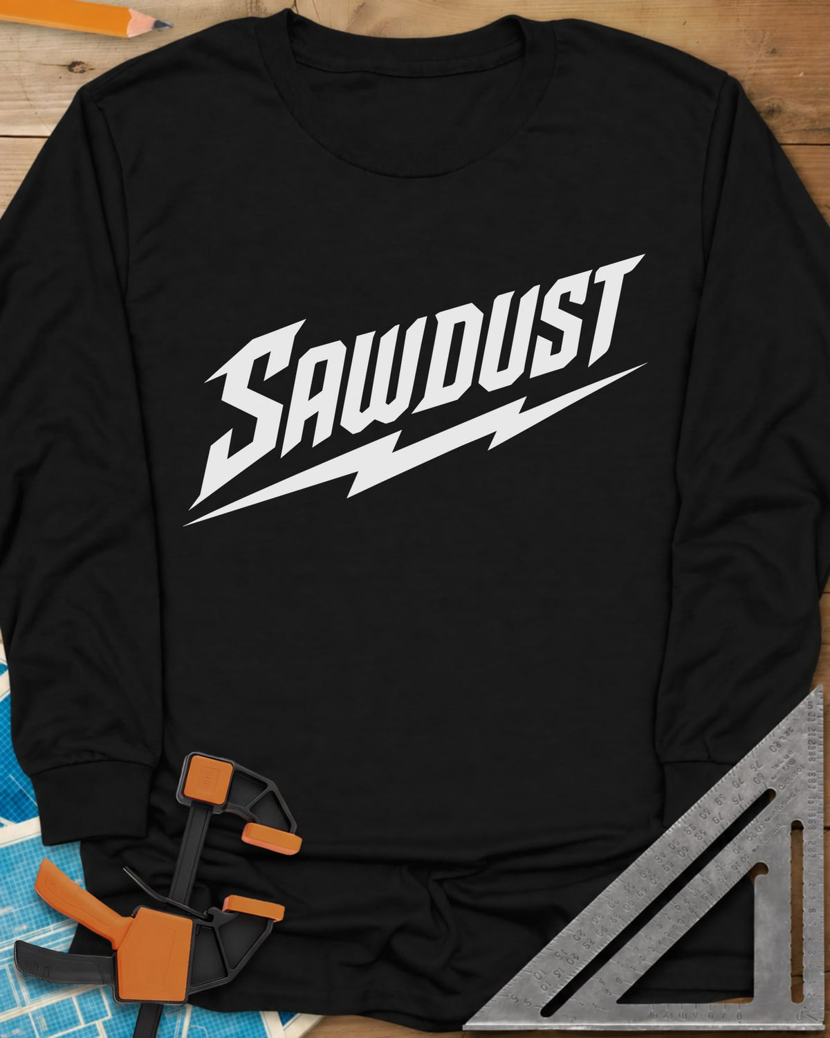Sawdust Bolt long sleeve shirt in Black, bold slanted SAWDUST lettering with a lightning bolt underneath