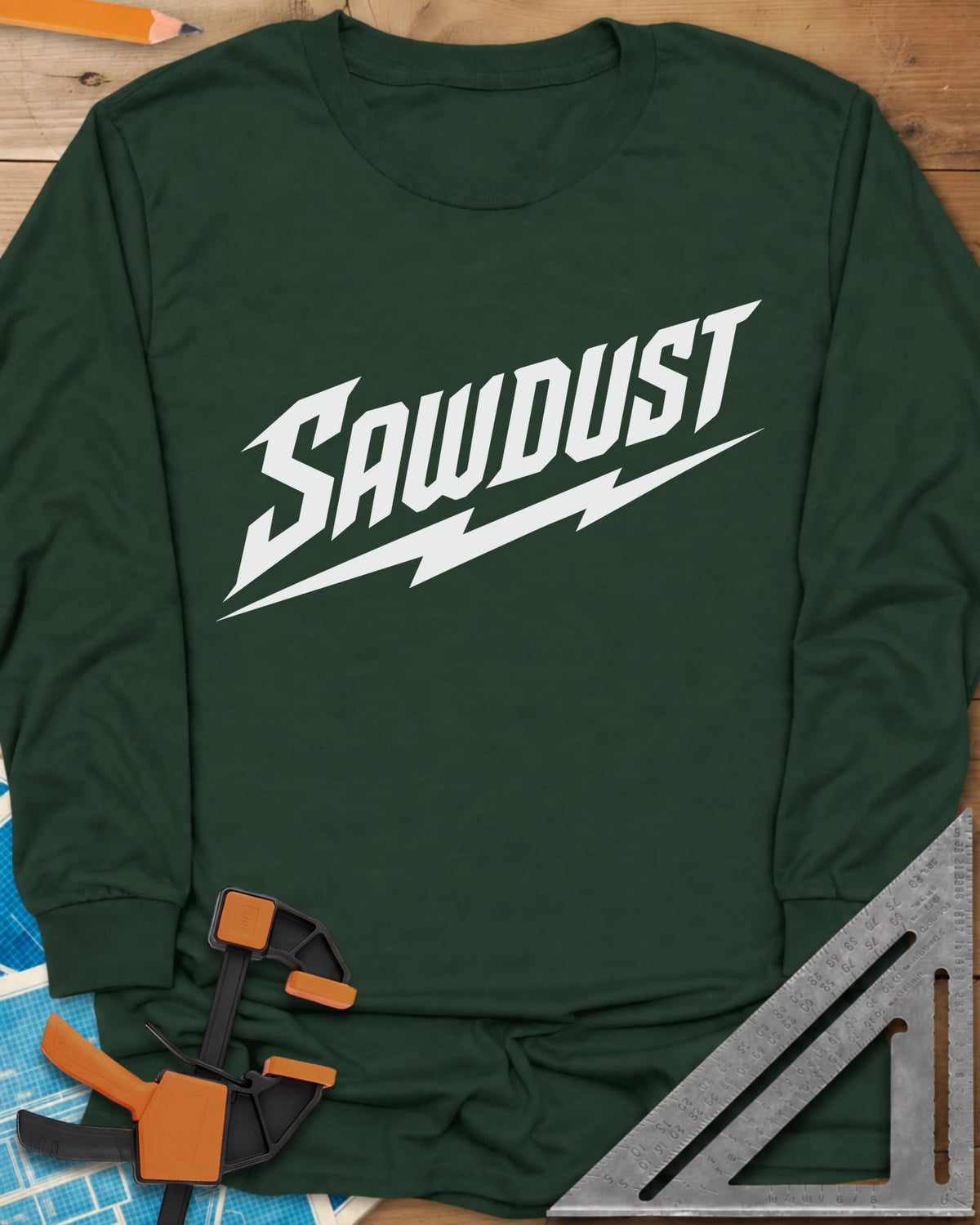 Sawdust Bolt long sleeve shirt in Forest Green, bold slanted SAWDUST lettering with a lightning bolt underneath