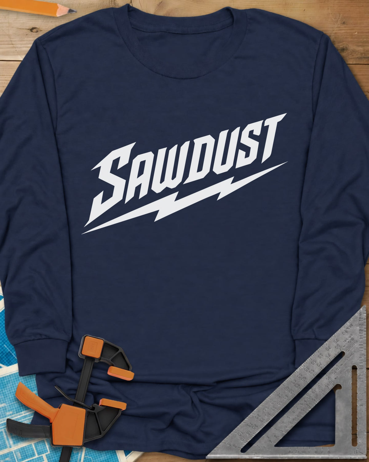 Sawdust Bolt long sleeve shirt in Navy, bold slanted SAWDUST lettering with a lightning bolt underneath