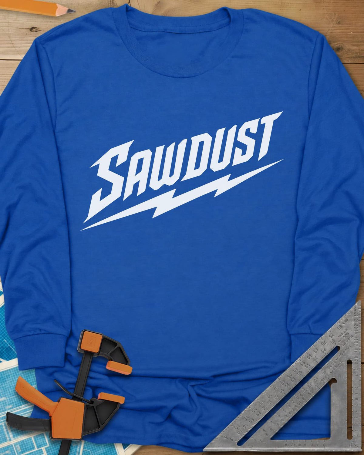 Sawdust Bolt long sleeve shirt in Royal, bold slanted SAWDUST lettering with a lightning bolt underneath