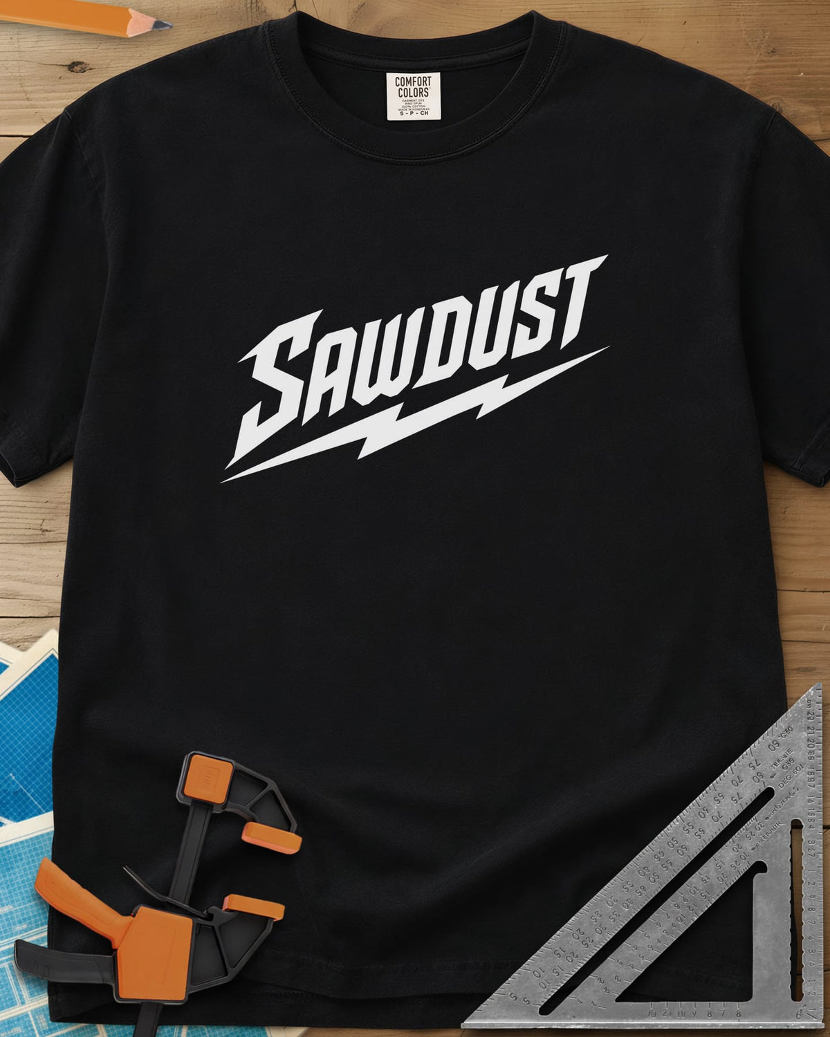 Sawdust Bolt heavyweight tee in Black, bold slanted SAWDUST lettering with a lightning bolt underneath
