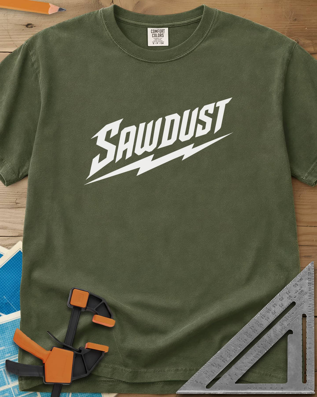 Sawdust Bolt heavyweight tee in Hemp, bold slanted SAWDUST lettering with a lightning bolt underneath