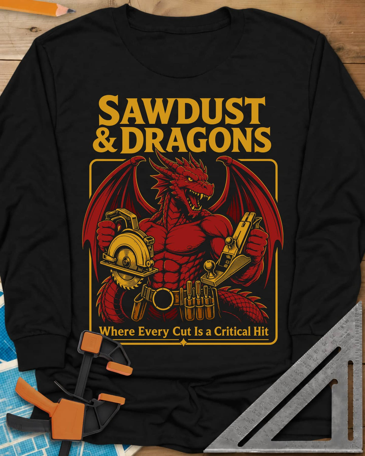 Sawdust & Dragons long sleeve shirt in Black, red dragon in a tool belt holding a circular saw and a hand plane