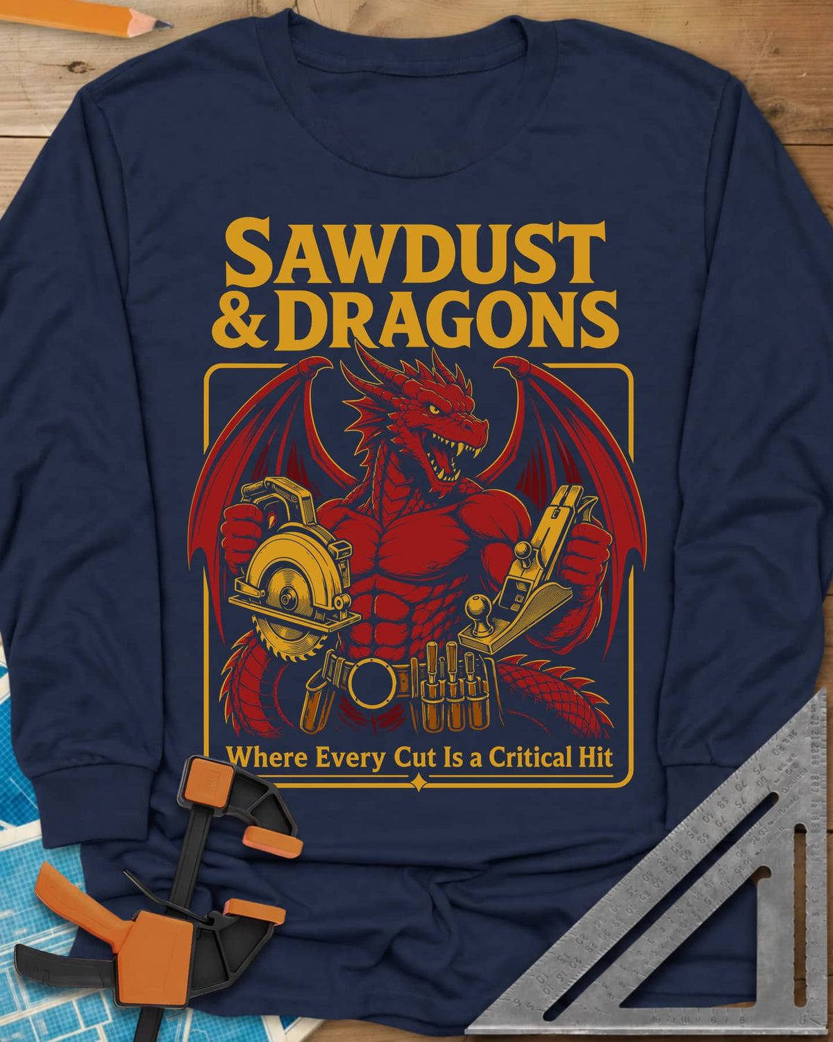 Sawdust & Dragons long sleeve shirt in Navy, red dragon in a tool belt holding a circular saw and a hand plane