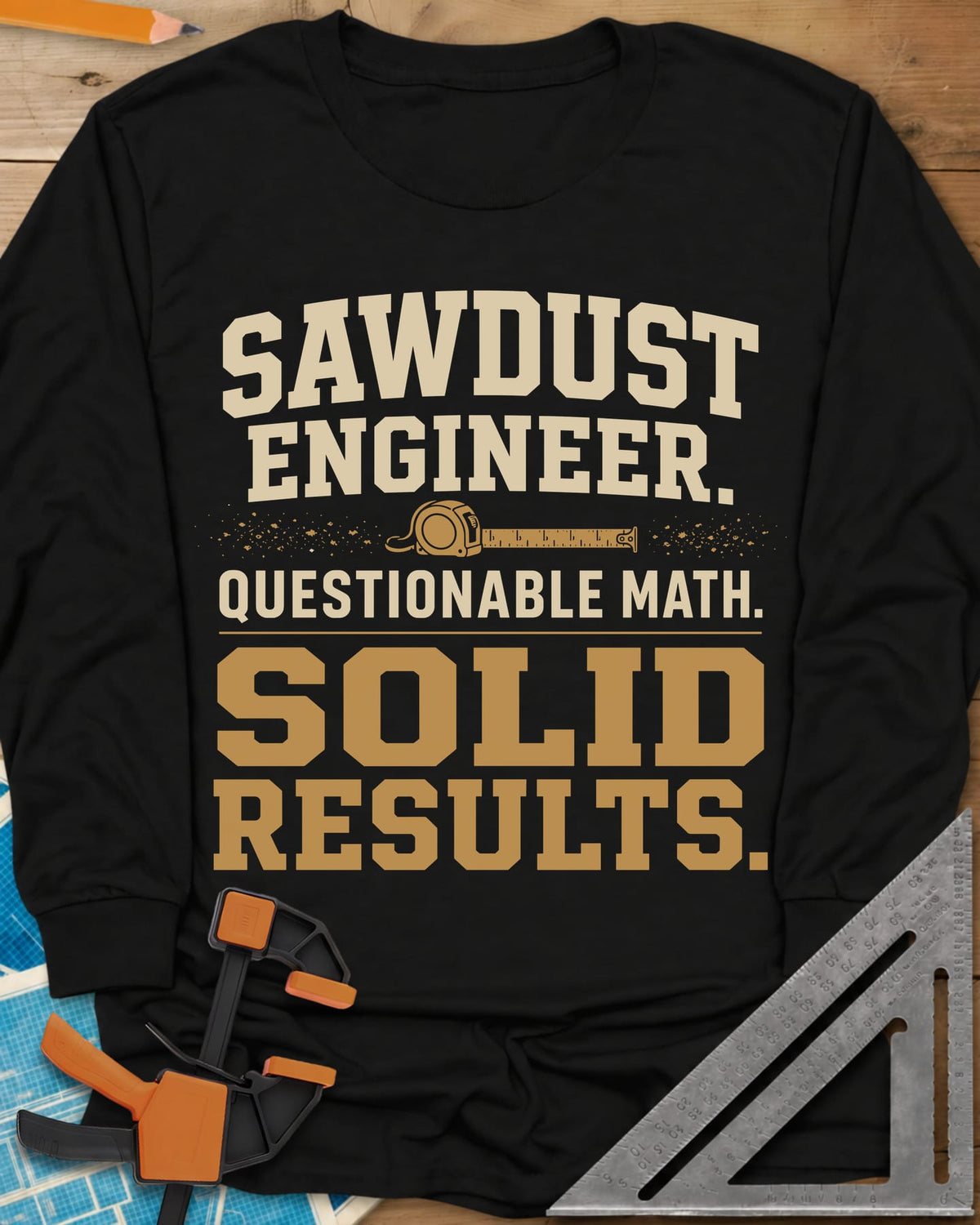 Sawdust Engineer Questionable Math Solid Results long sleeve shirt in Black, stacked varsity-style lettering with a tape