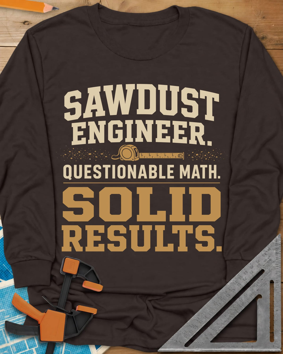 Sawdust Engineer Questionable Math Solid Results long sleeve shirt in Dark Chocolate, stacked varsity-style lettering with a