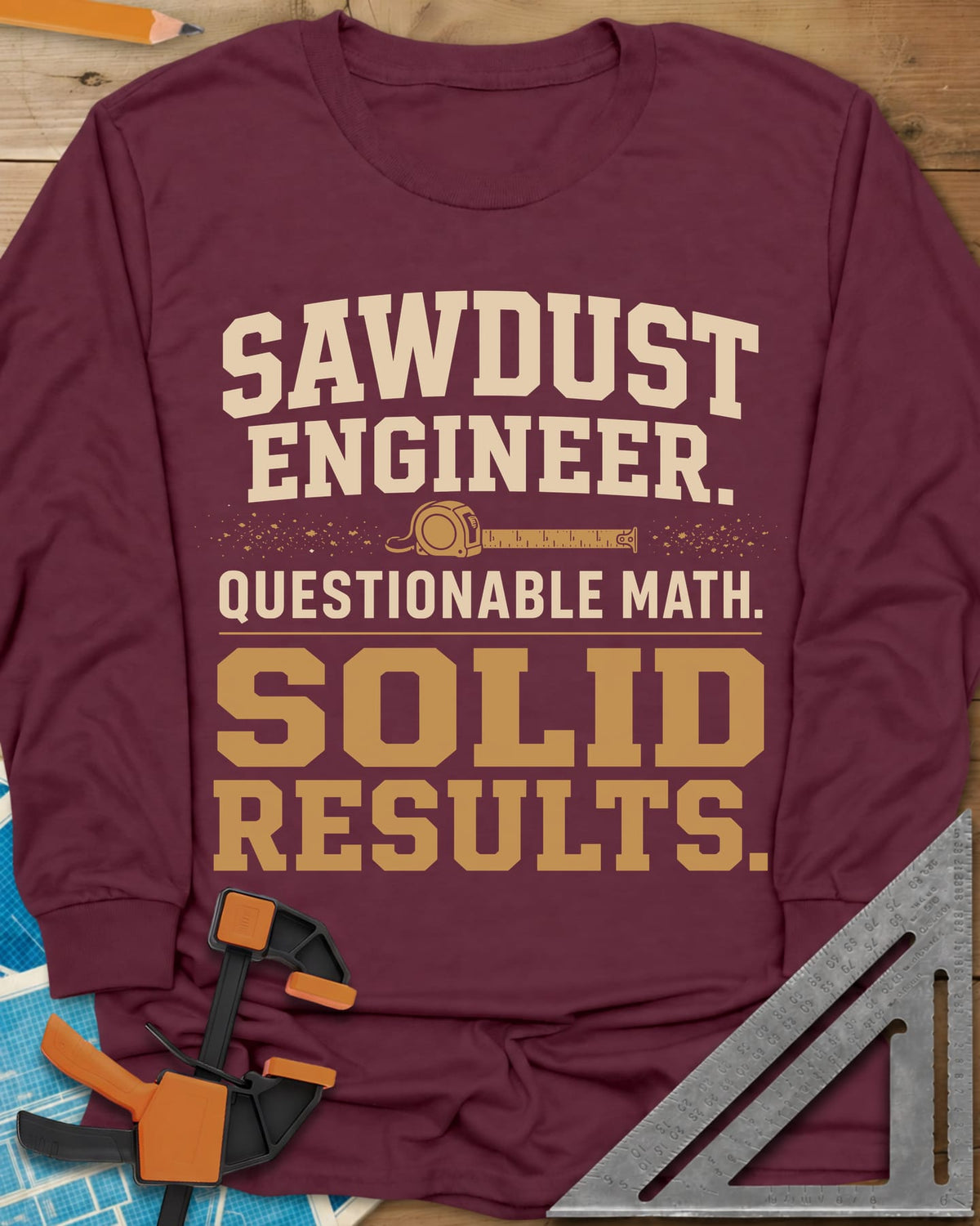 Sawdust Engineer Questionable Math Solid Results long sleeve shirt in Maroon, stacked varsity-style lettering with a tape