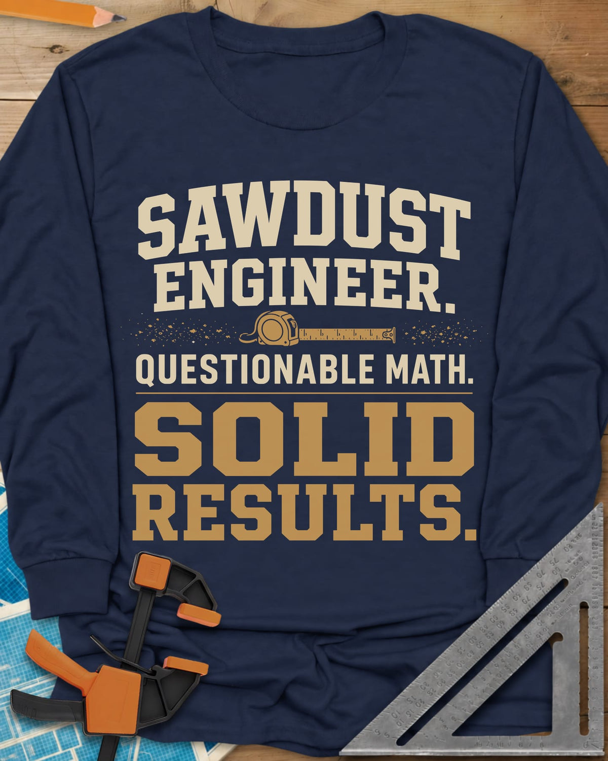 Sawdust Engineer Questionable Math Solid Results long sleeve shirt in Navy, stacked varsity-style lettering with a tape