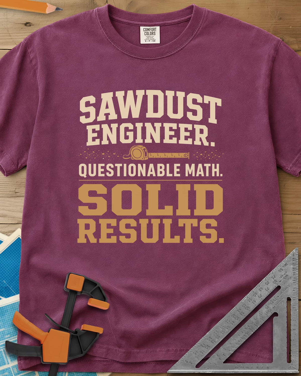 Sawdust Engineer Questionable Math Solid Results heavyweight tee in Berry, stacked varsity-style lettering with a tape