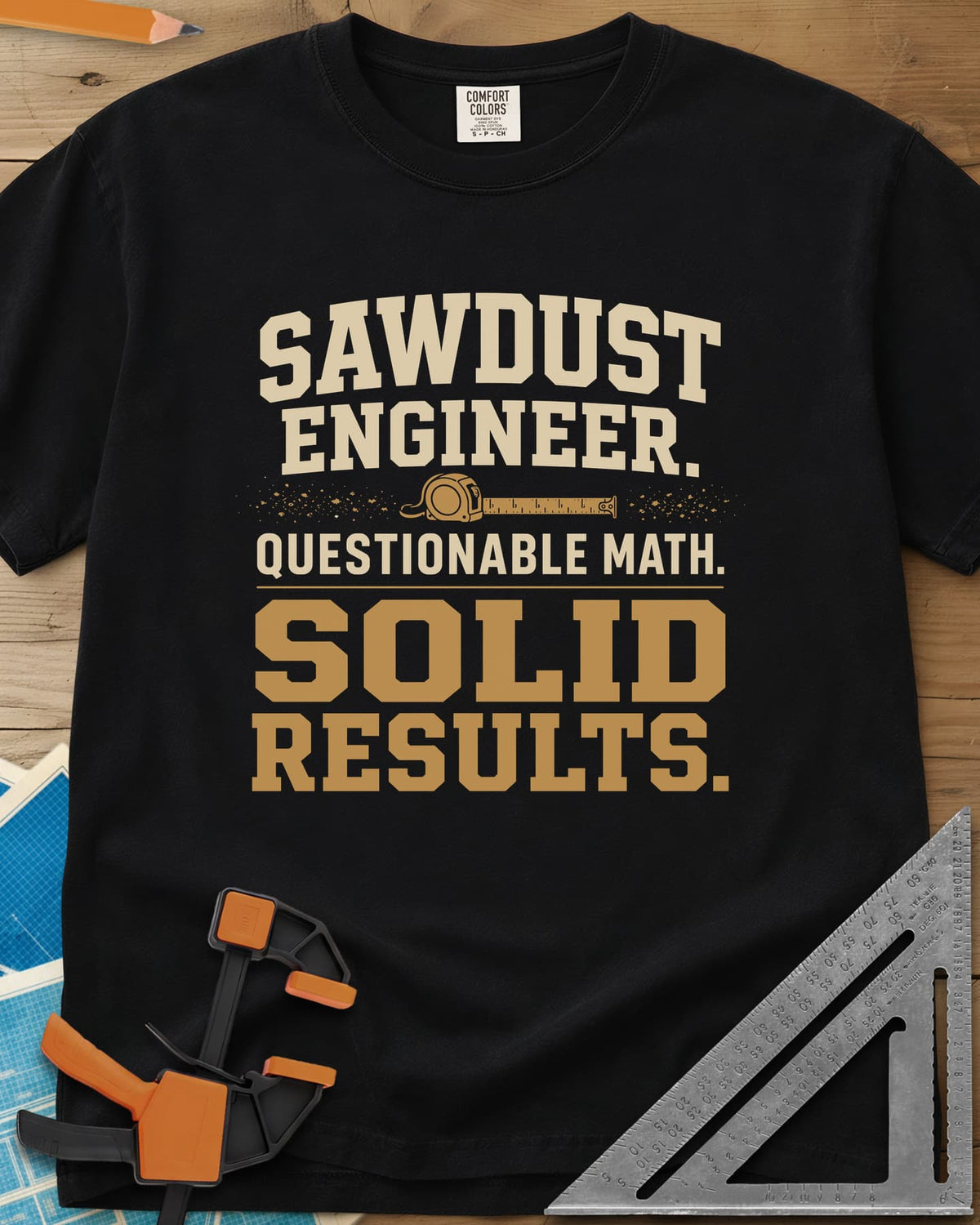 Sawdust Engineer Questionable Math Solid Results heavyweight tee in Black, stacked varsity-style lettering with a tape