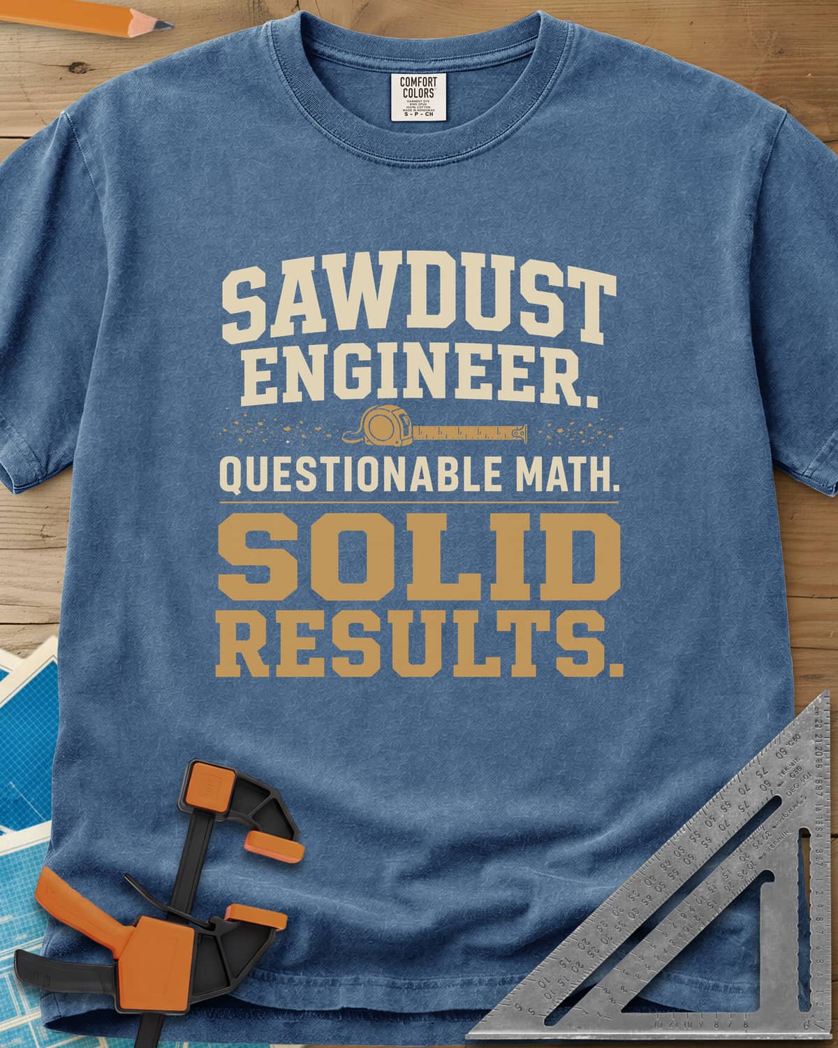 Sawdust Engineer Questionable Math Solid Results heavyweight tee in Blue Jean, stacked varsity-style lettering with a tape