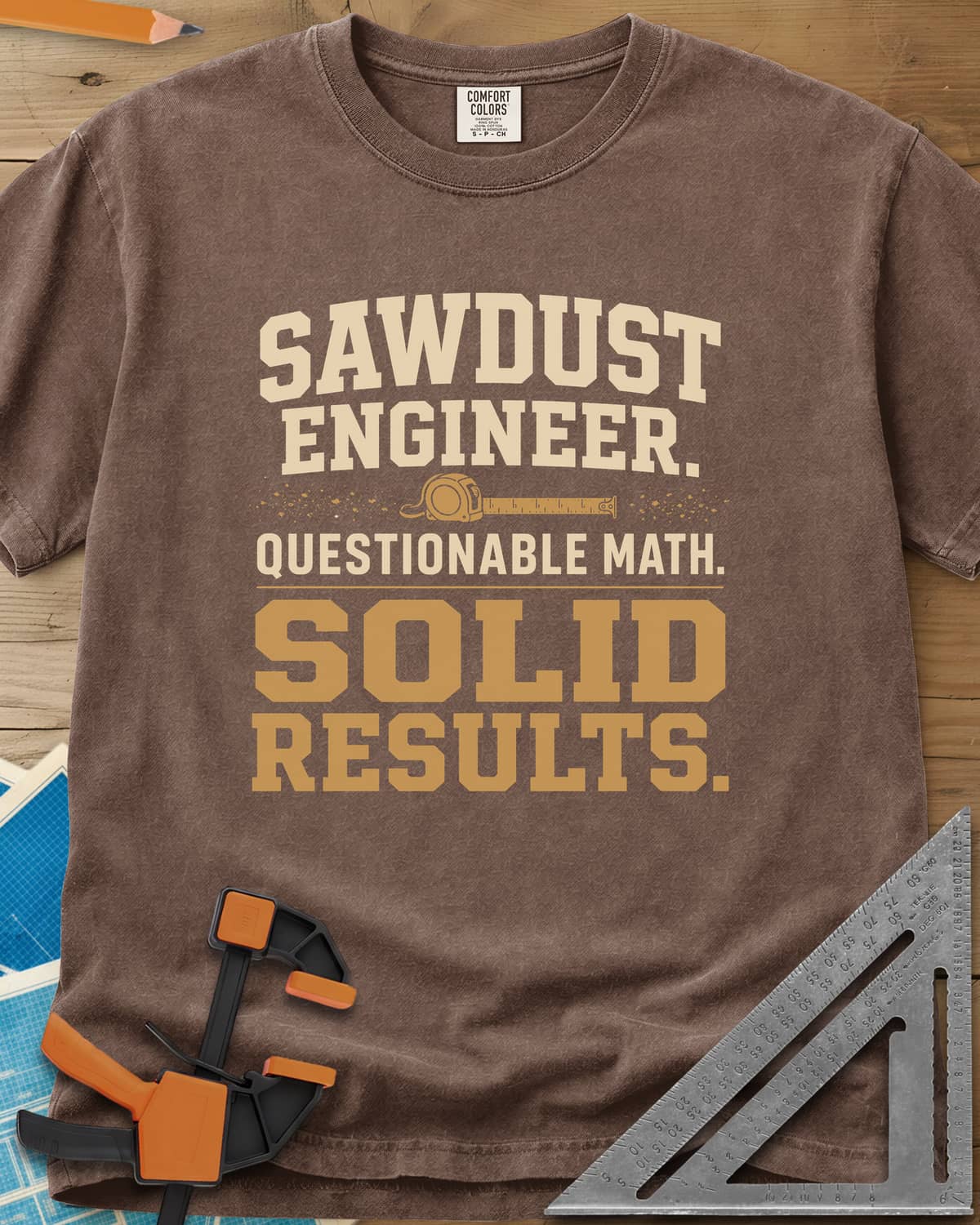 Sawdust Engineer Questionable Math Solid Results heavyweight tee in Espresso, stacked varsity-style lettering with a tape