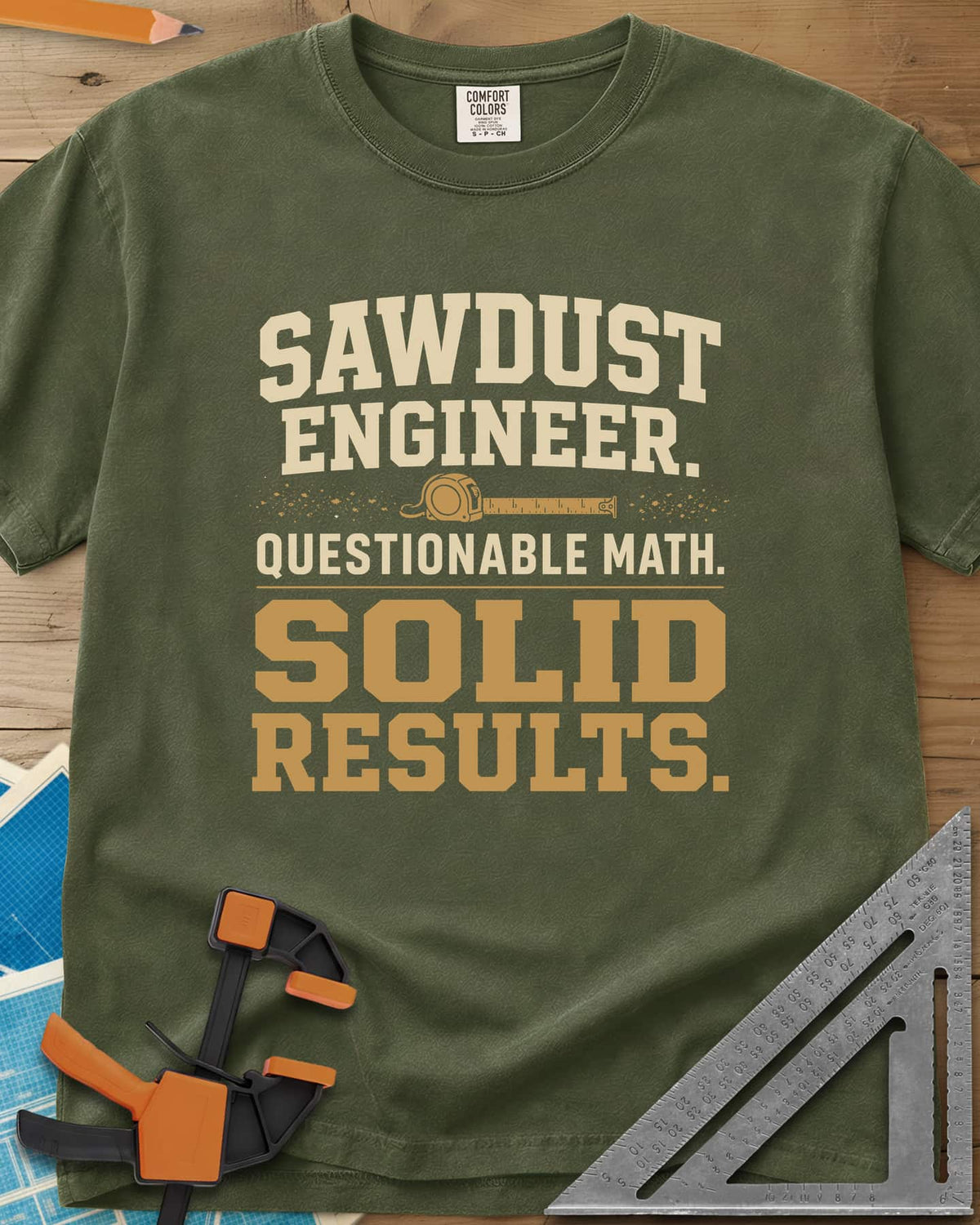 Sawdust Engineer Questionable Math Solid Results heavyweight tee in Hemp, stacked varsity-style lettering with a tape