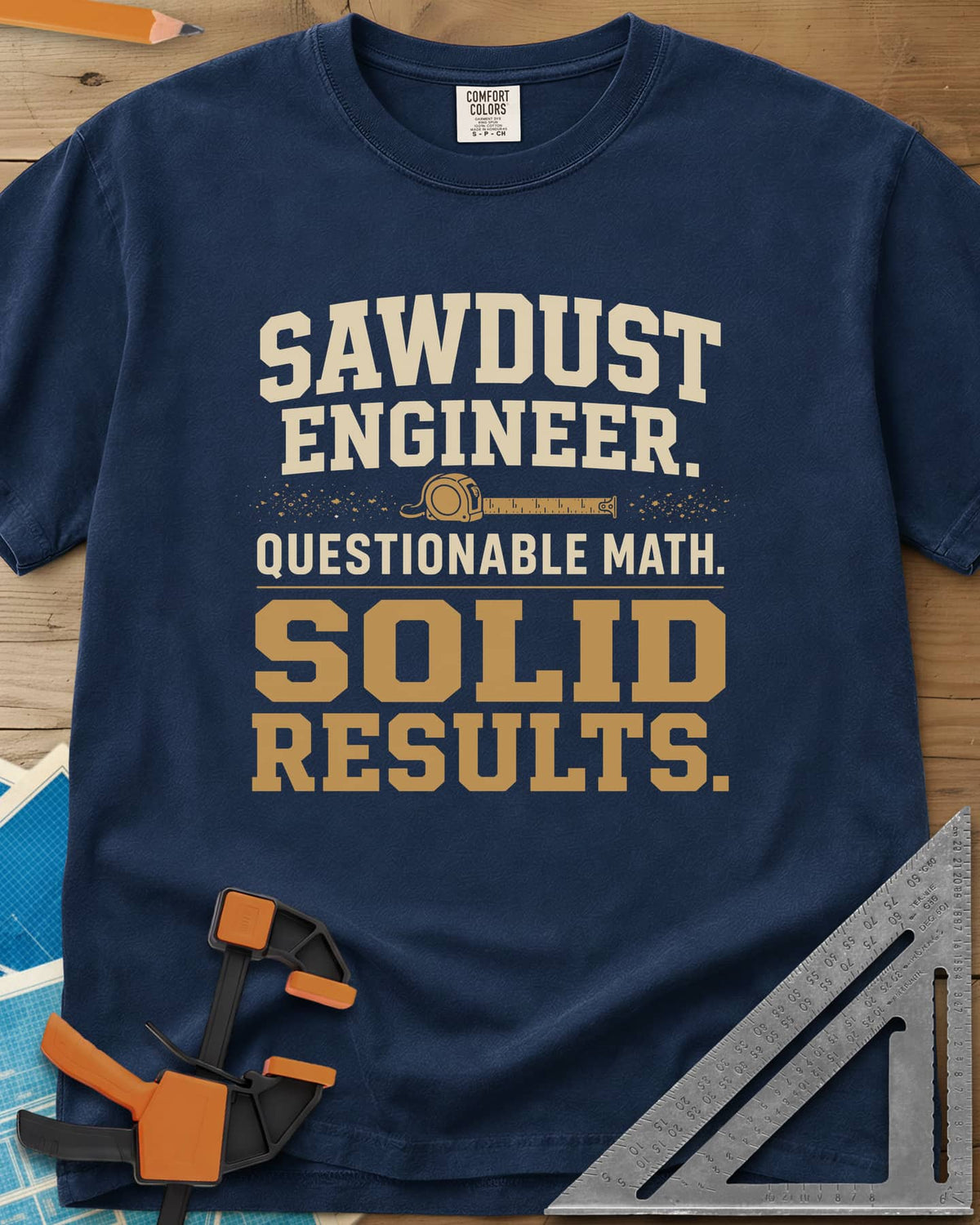 Sawdust Engineer Questionable Math Solid Results heavyweight tee in Navy, stacked varsity-style lettering with a tape