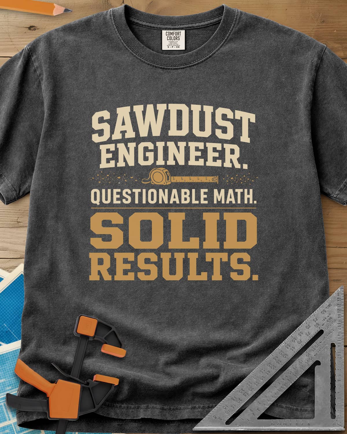 Sawdust Engineer Questionable Math Solid Results heavyweight tee in Pepper, stacked varsity-style lettering with a tape