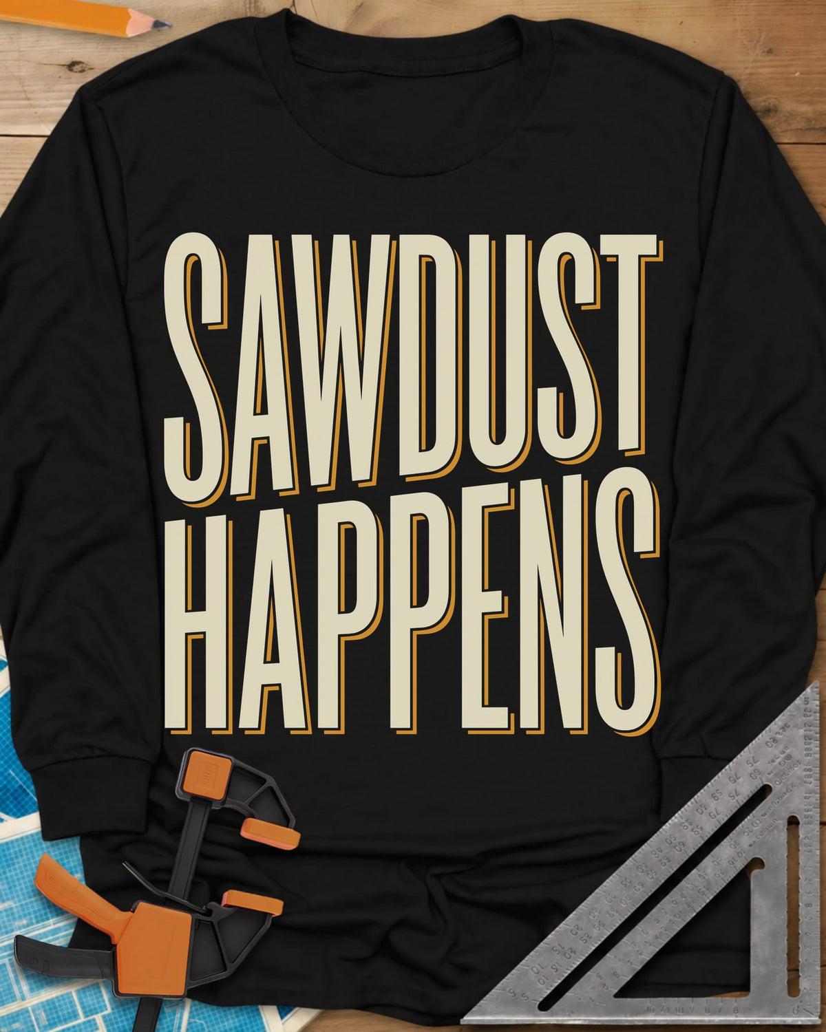 Sawdust Happens long sleeve shirt in Black, tall condensed block letters with an offset shadow