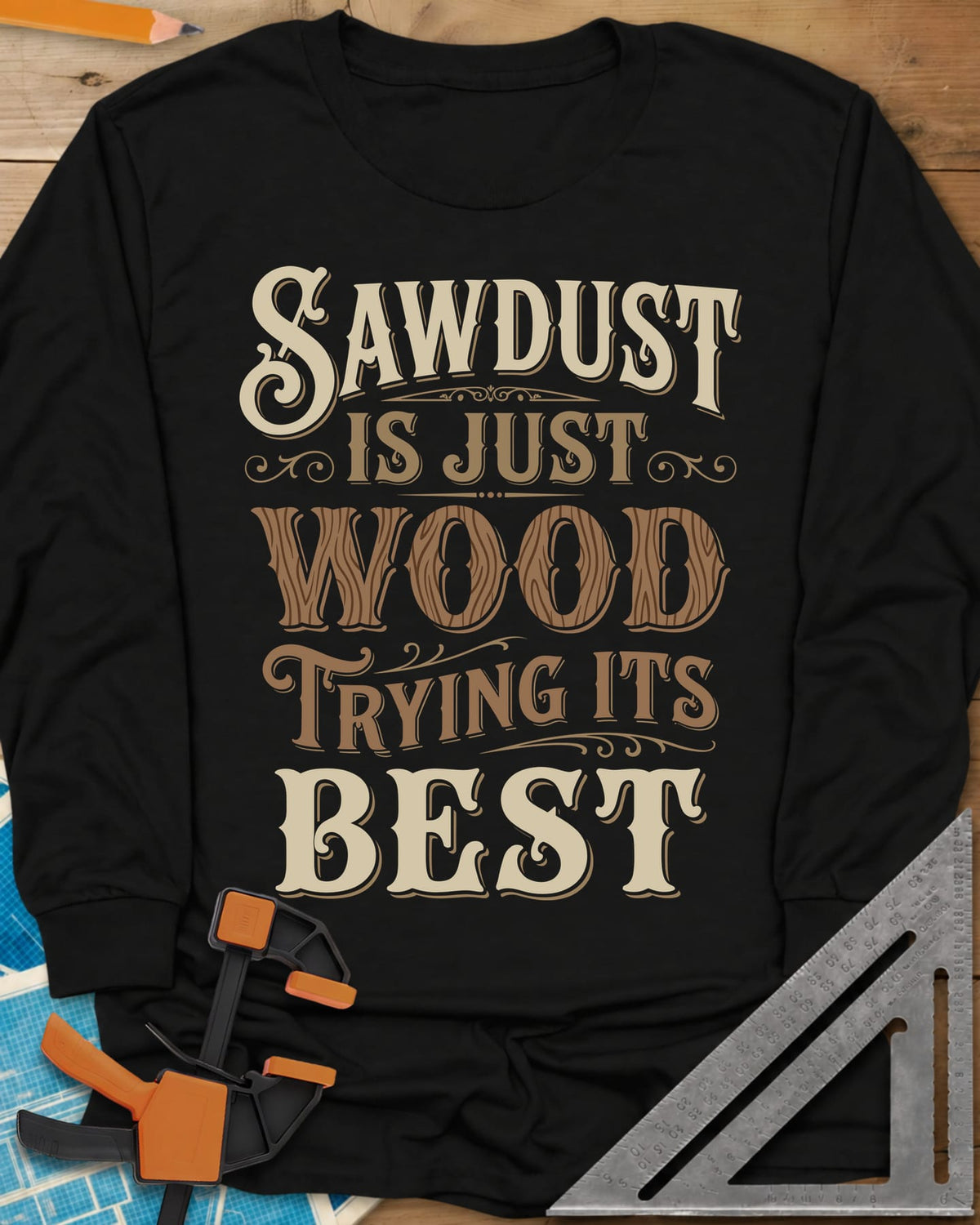Sawdust Is Just Wood Trying Its Best long sleeve shirt in Black, ornate vintage lettering with a wood-grain filled WOOD