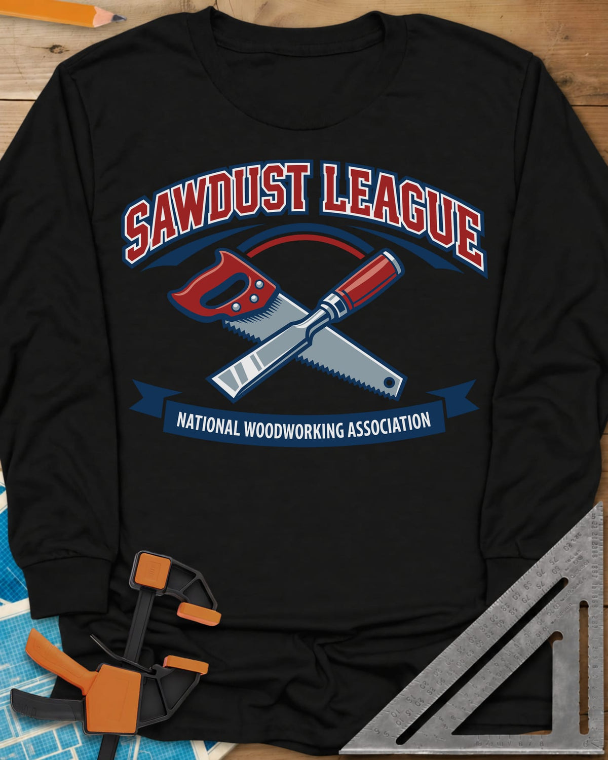Sawdust League long sleeve shirt in Black, varsity badge with a crossed hand saw and chisel and a ribbon