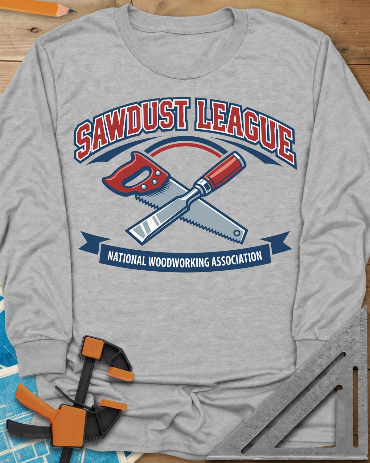 Sawdust League long sleeve shirt in Sport Grey, varsity badge with a crossed hand saw and chisel and a ribbon